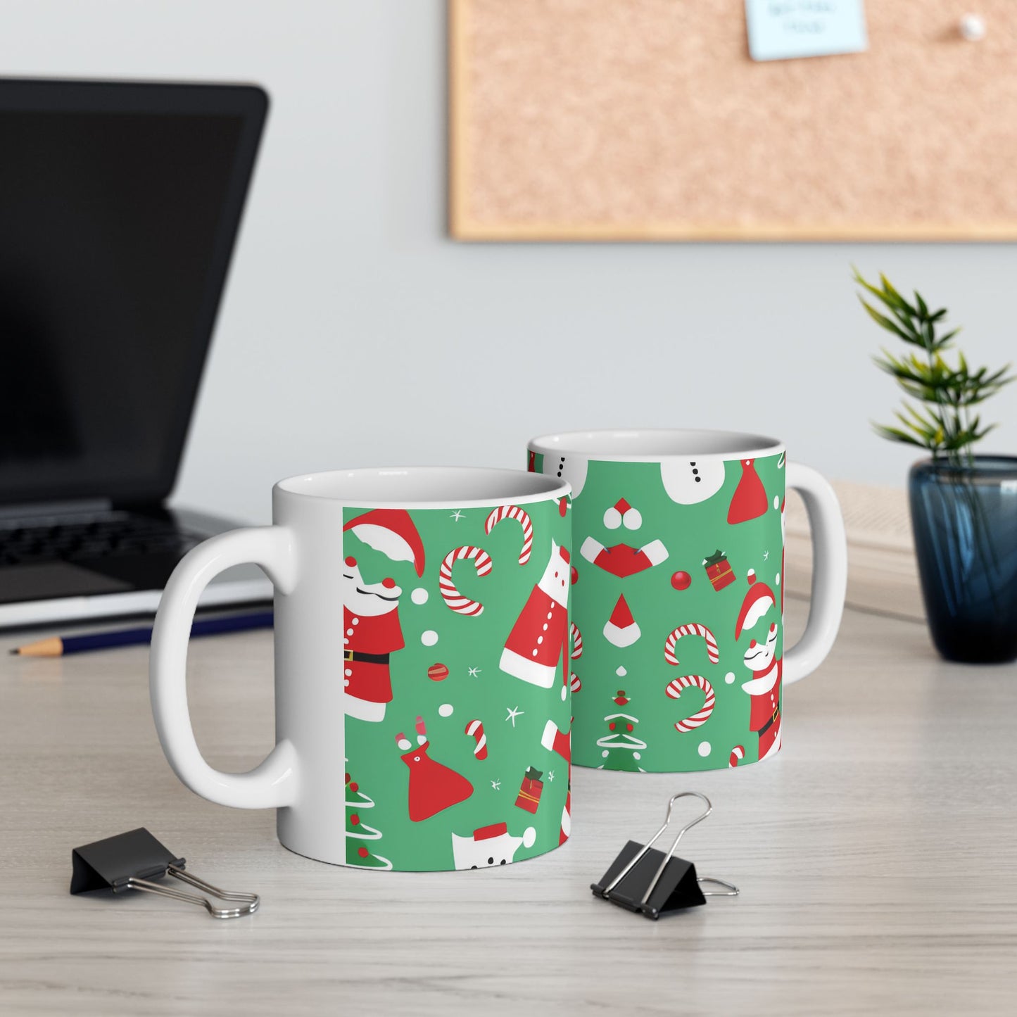 Ceramic Mug – Green Christmas Design with Santa, Candy Canes & Gifts – Holiday Gift for Coffee & Cocoa Lovers