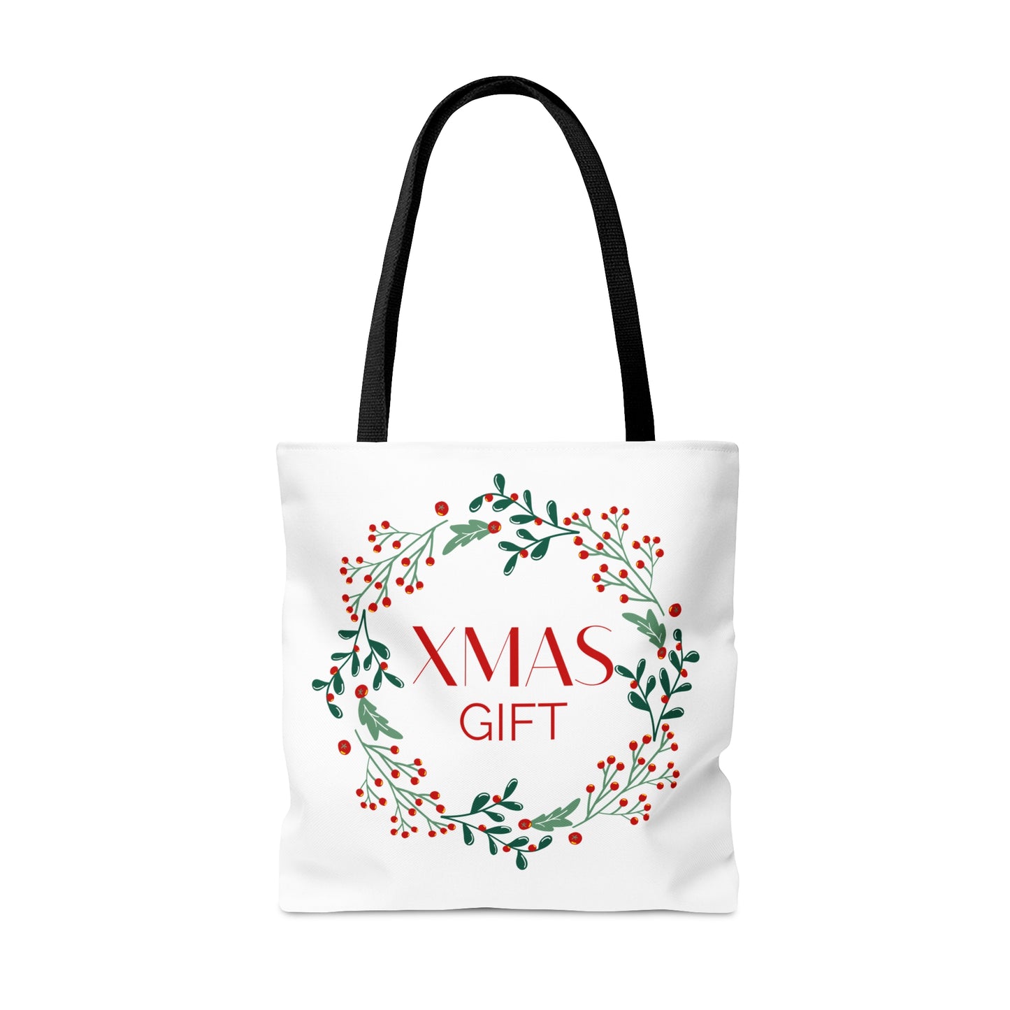 Christmas Tote Bag with “XMAS GIFT” Wreath Design – Durable All-Over Print Holiday Carryall in 3 Sizes