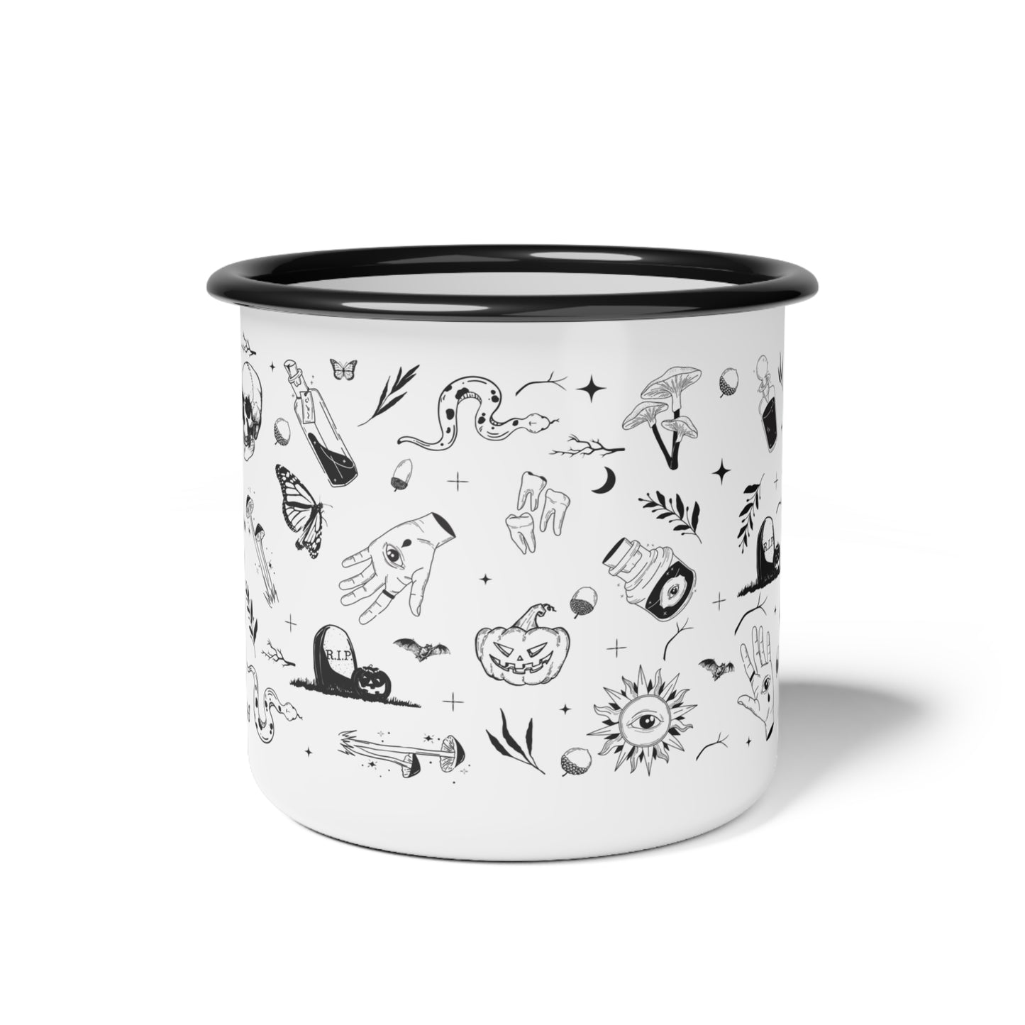 Mystical Skull Enamel Camp Cup – Black Illustration Design