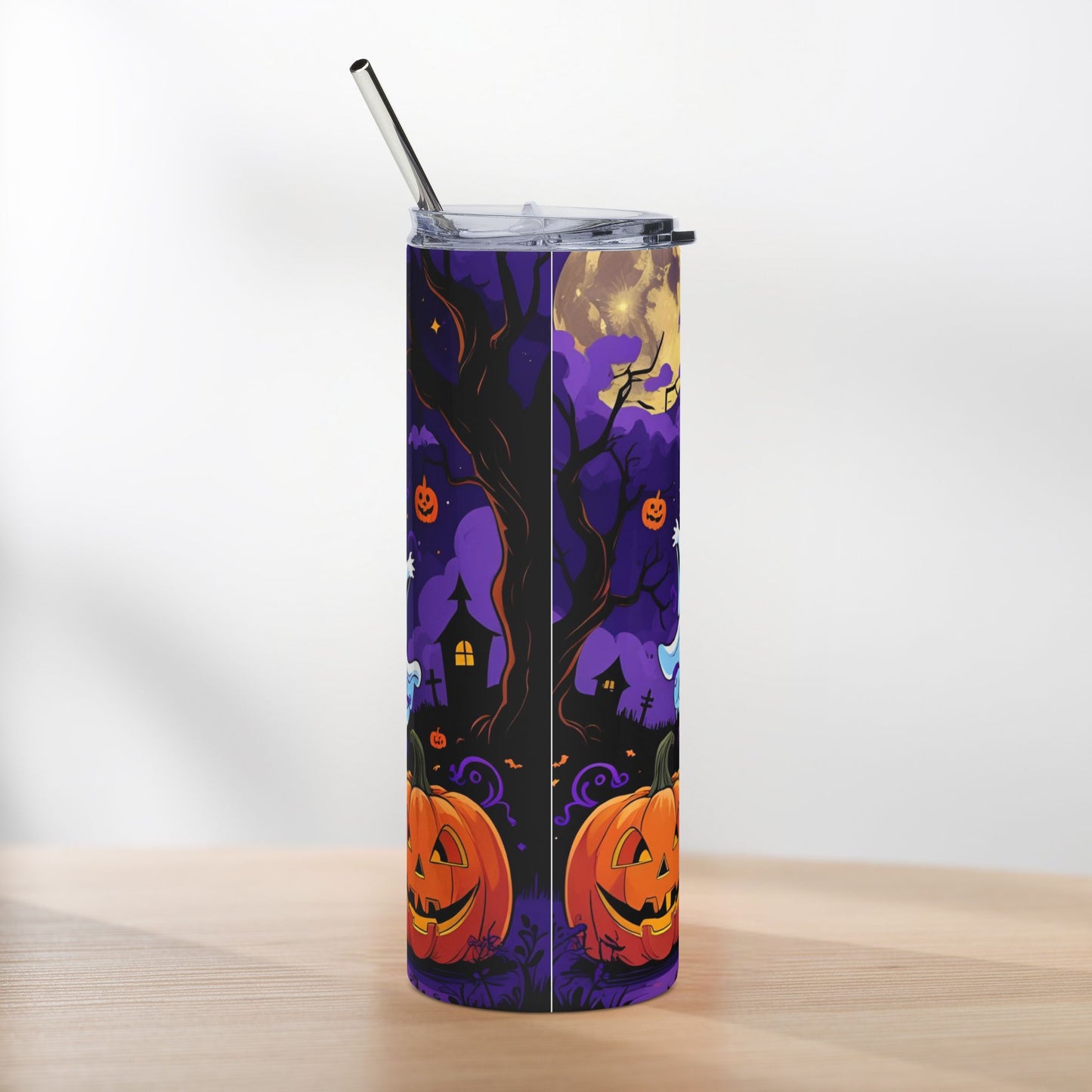 Smiling Ghost & Pumpkin Halloween Tumbler – Festive Purple Swirl Design