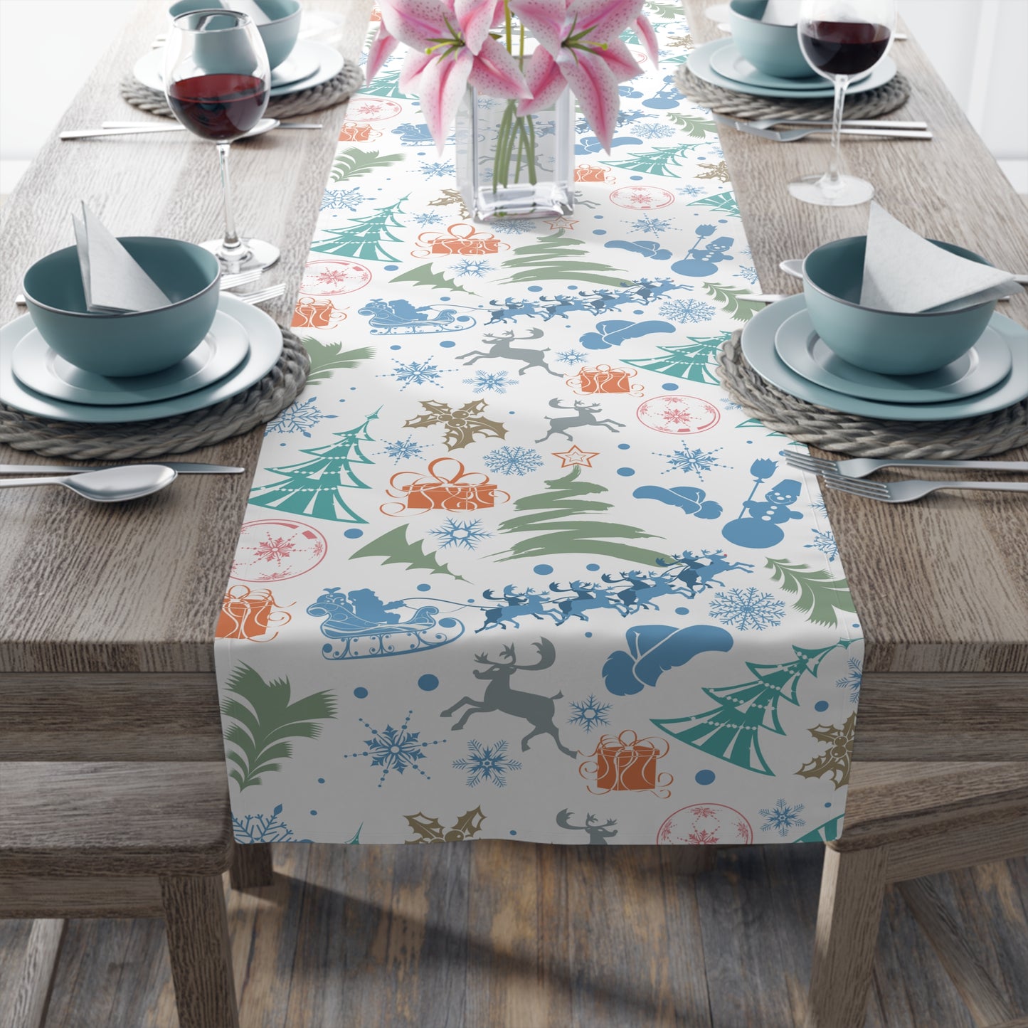 Christmas Table Runner, Whimsical Holiday Pattern with Trees Snowmen Gifts and Animals, Light Background Festive Dining Decor