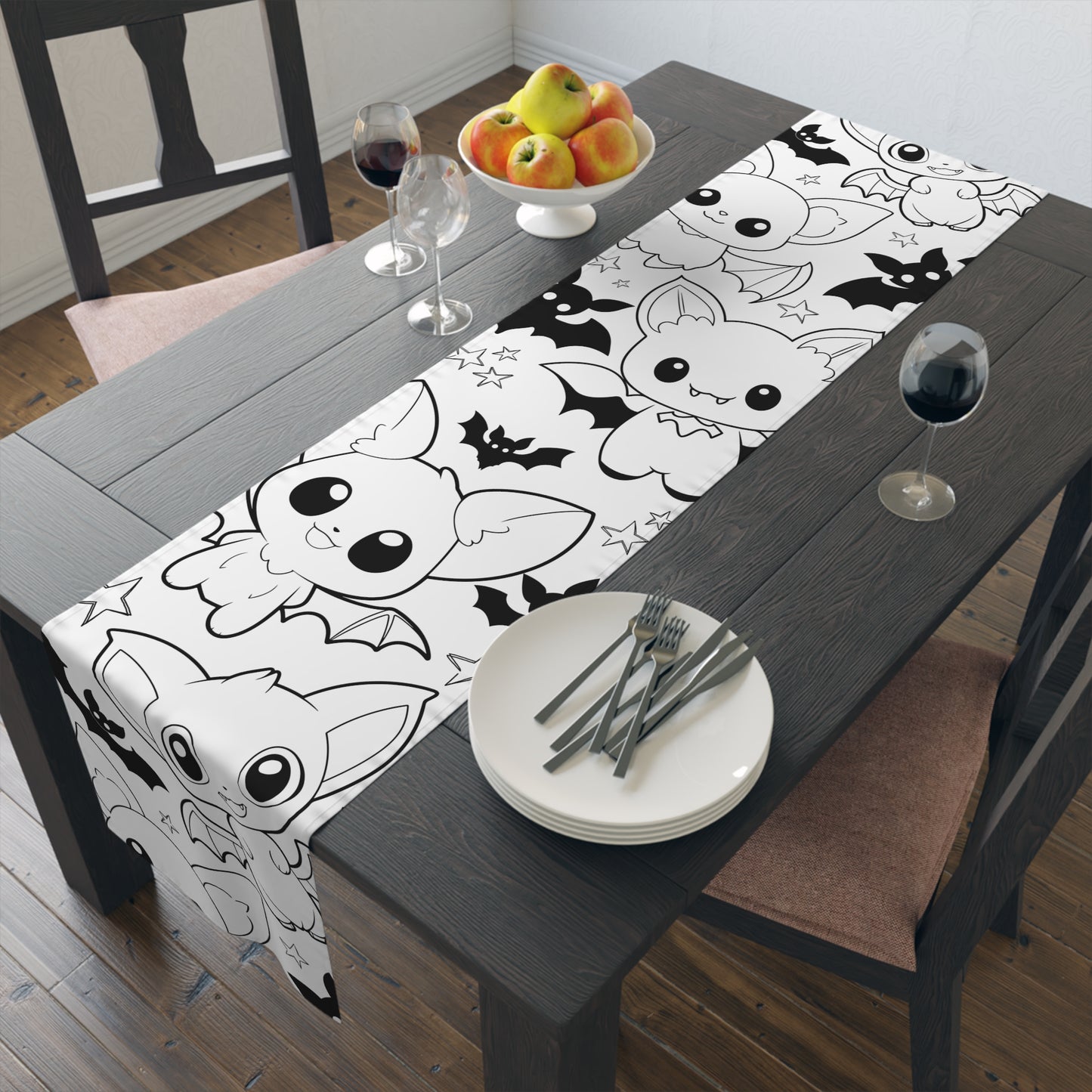 Cartoon Bats & Starry Night Table Runner – Whimsical Halloween Dining Decor