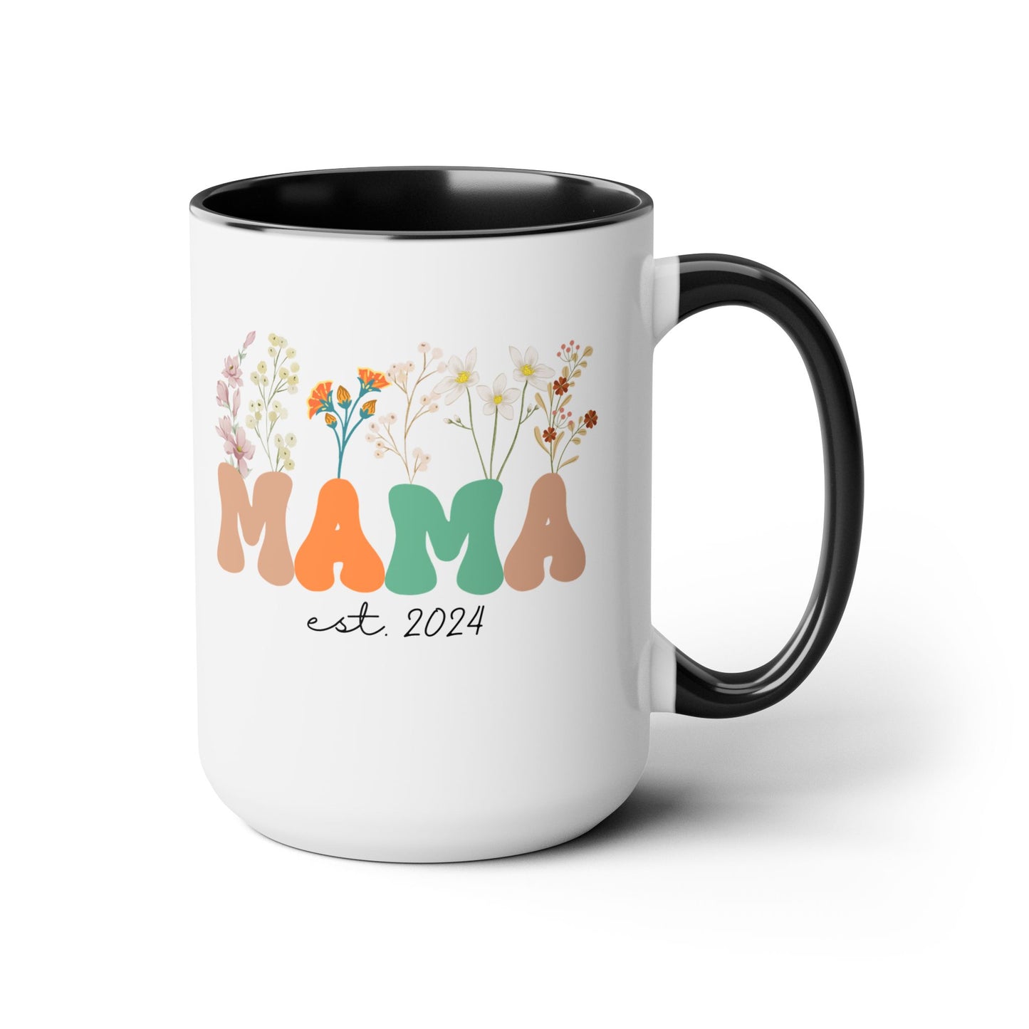 Mama est. Ceramic Coffee Mug – Boho Floral Personalized Mom Gift, 15oz