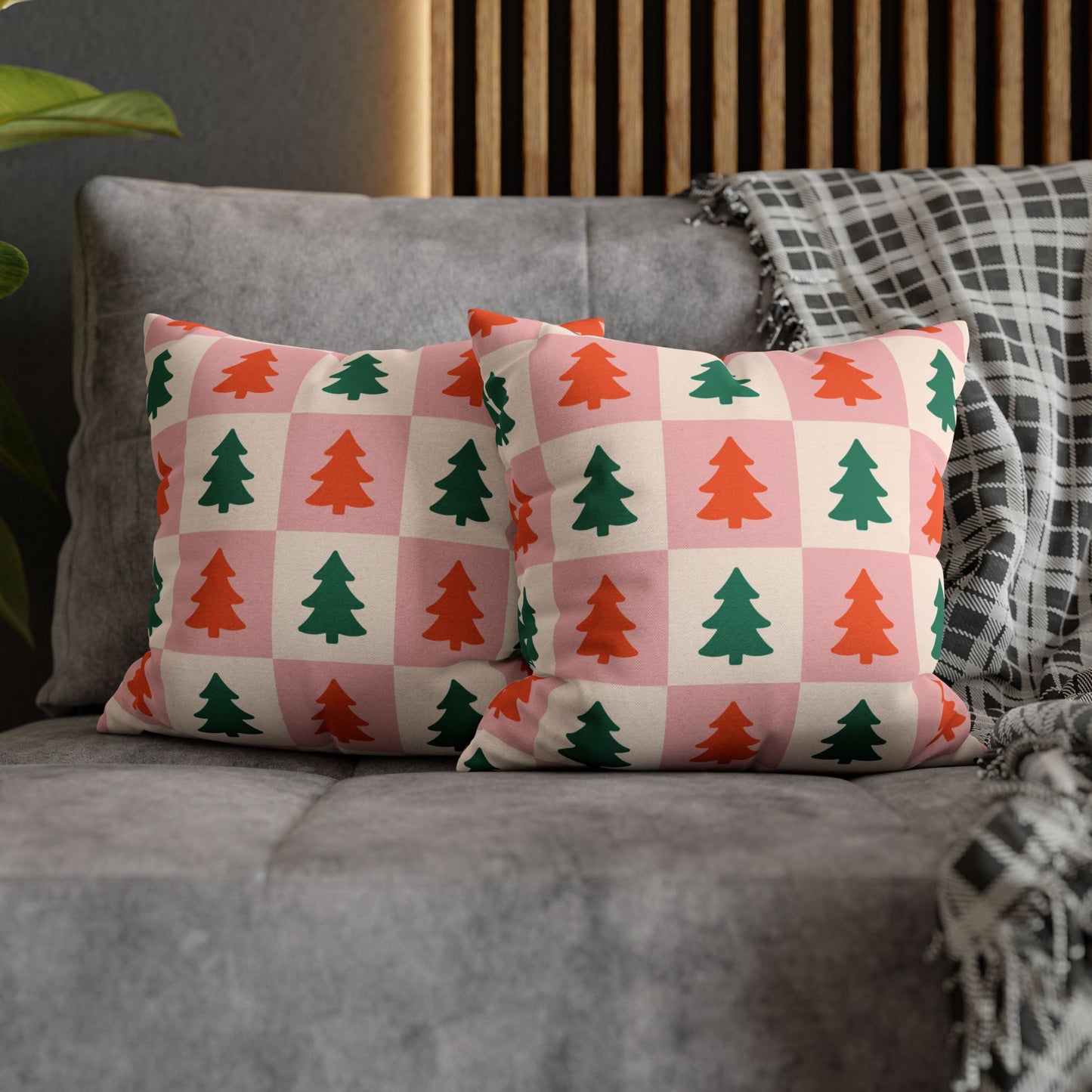 Square Pillowcase - Christmas Tree Checkered Throw Pillow - Pink & White Holiday Cushion