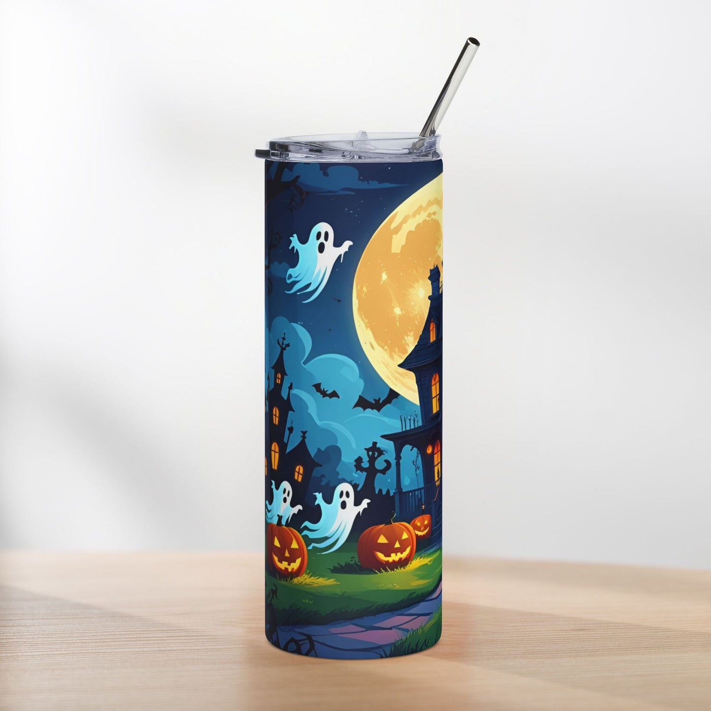 Haunted House Halloween Tumbler with Straw – Spooky Night Design