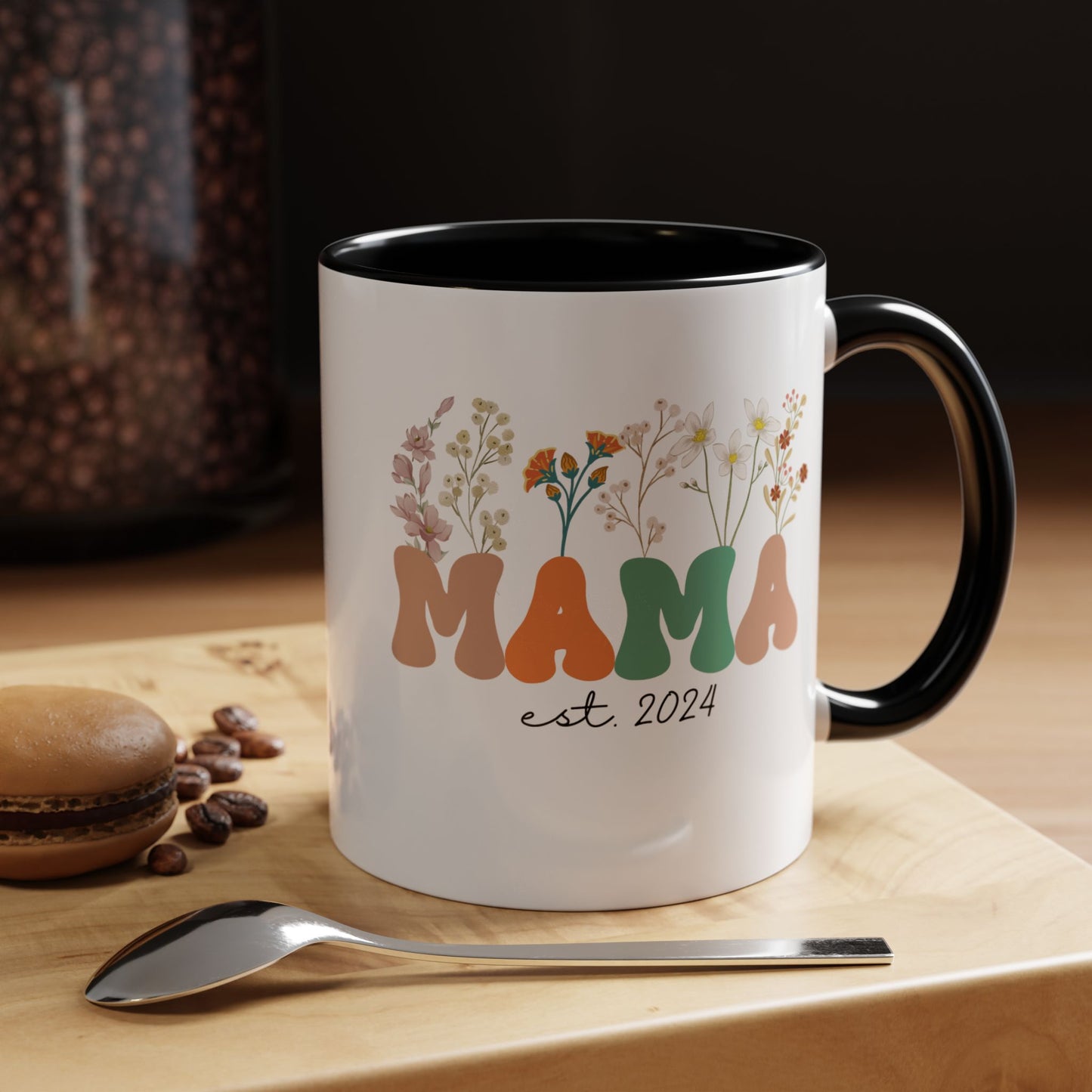 Mama est. Ceramic Coffee Mug – Boho Floral Personalized Mom Gift, 11oz