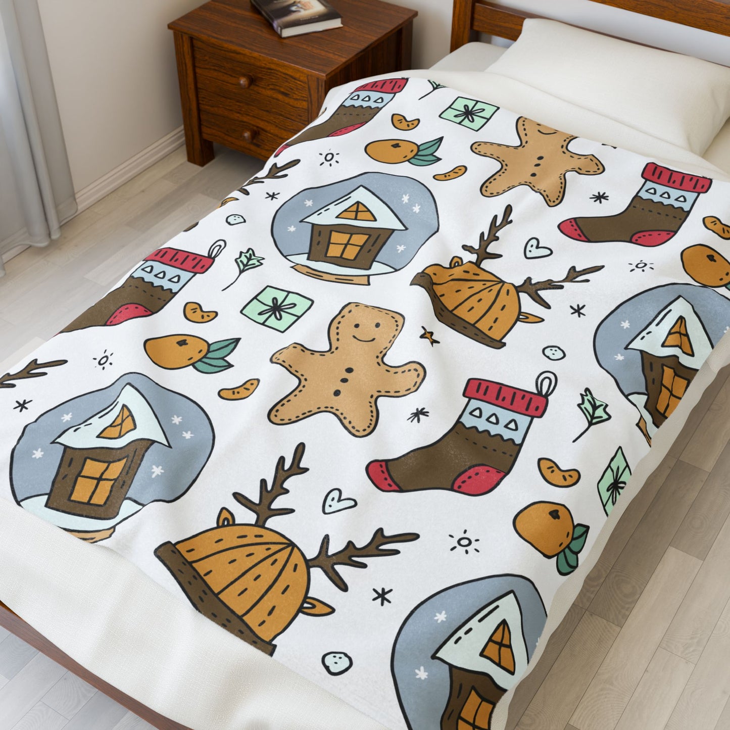 Velveteen Plush Blanket - Gingerbread & Snow Globe Festive Holiday Throw