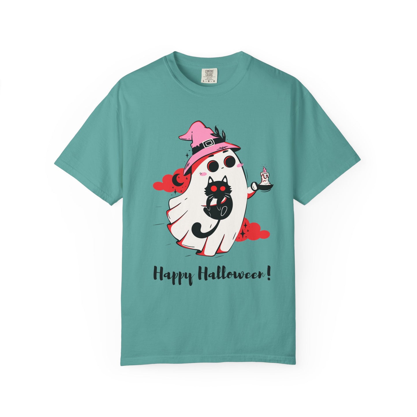 Ghostly Glam T-Shirt - Witchy Whimsy with Cat Companion
