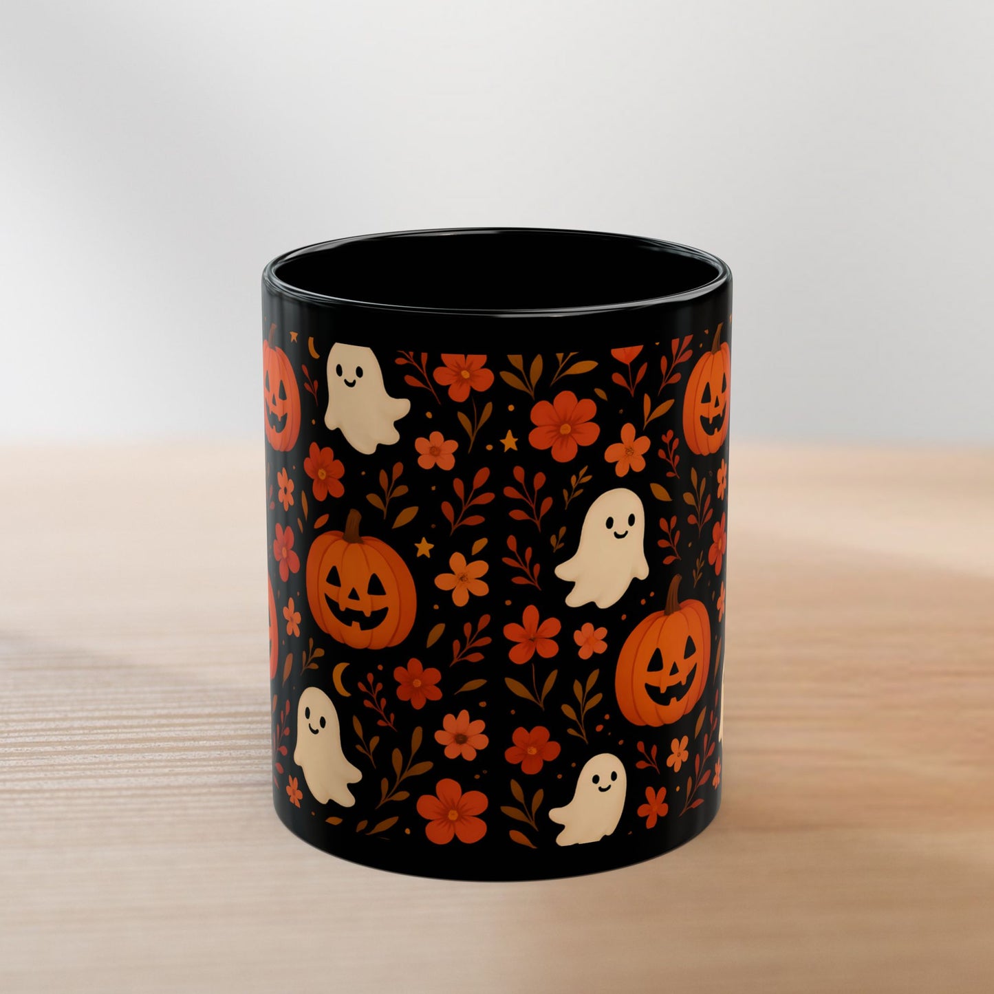 Cute Ghosts Halloween Coffee Mug – Black Ceramic Cup with Festive Design