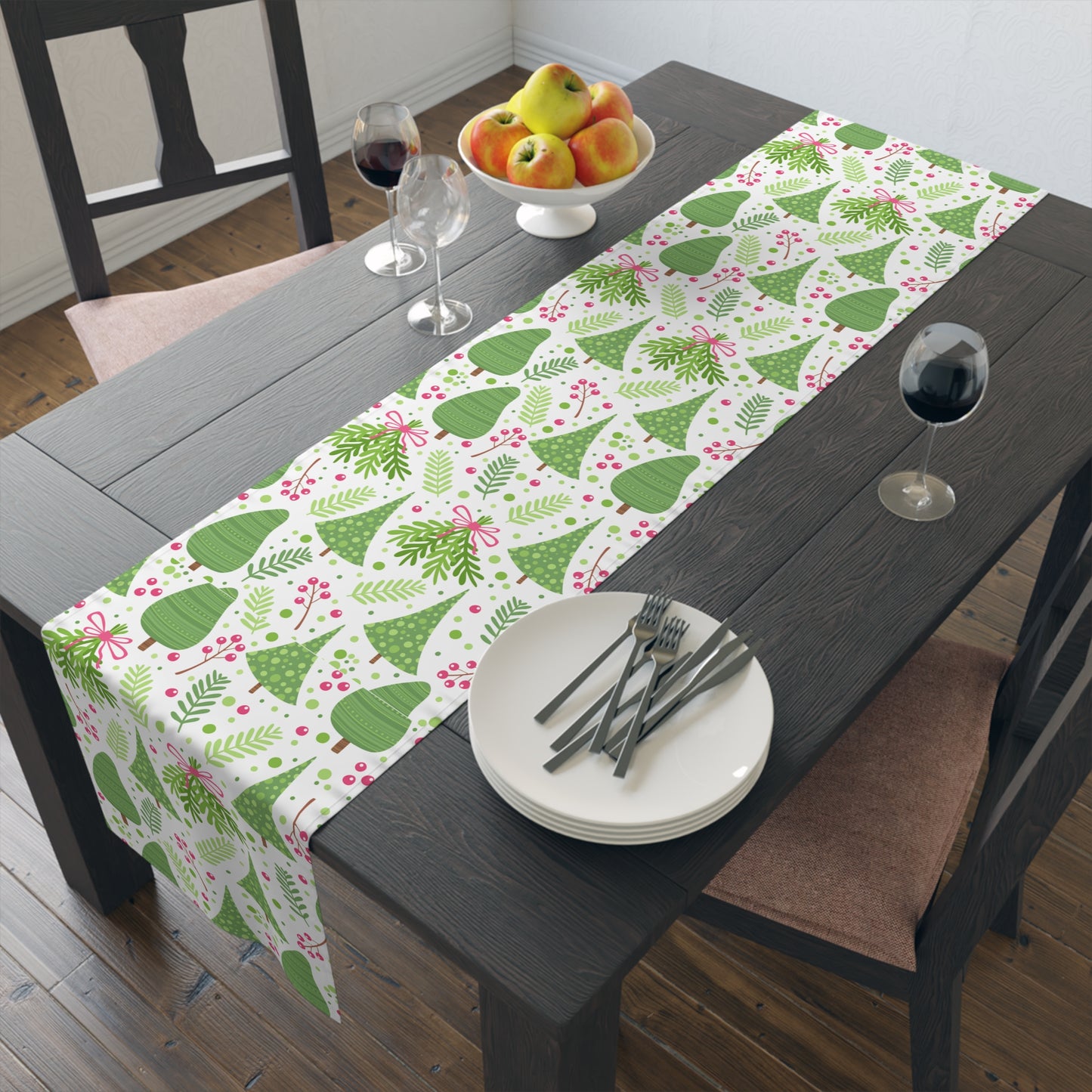 Festive Green Tree and Berry Pattern Wrapping Paper with Nature Motifs