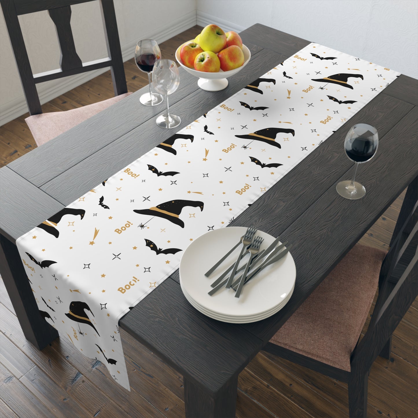 White & Gold Halloween Table Runner – Witchy Spooky Dining Decor