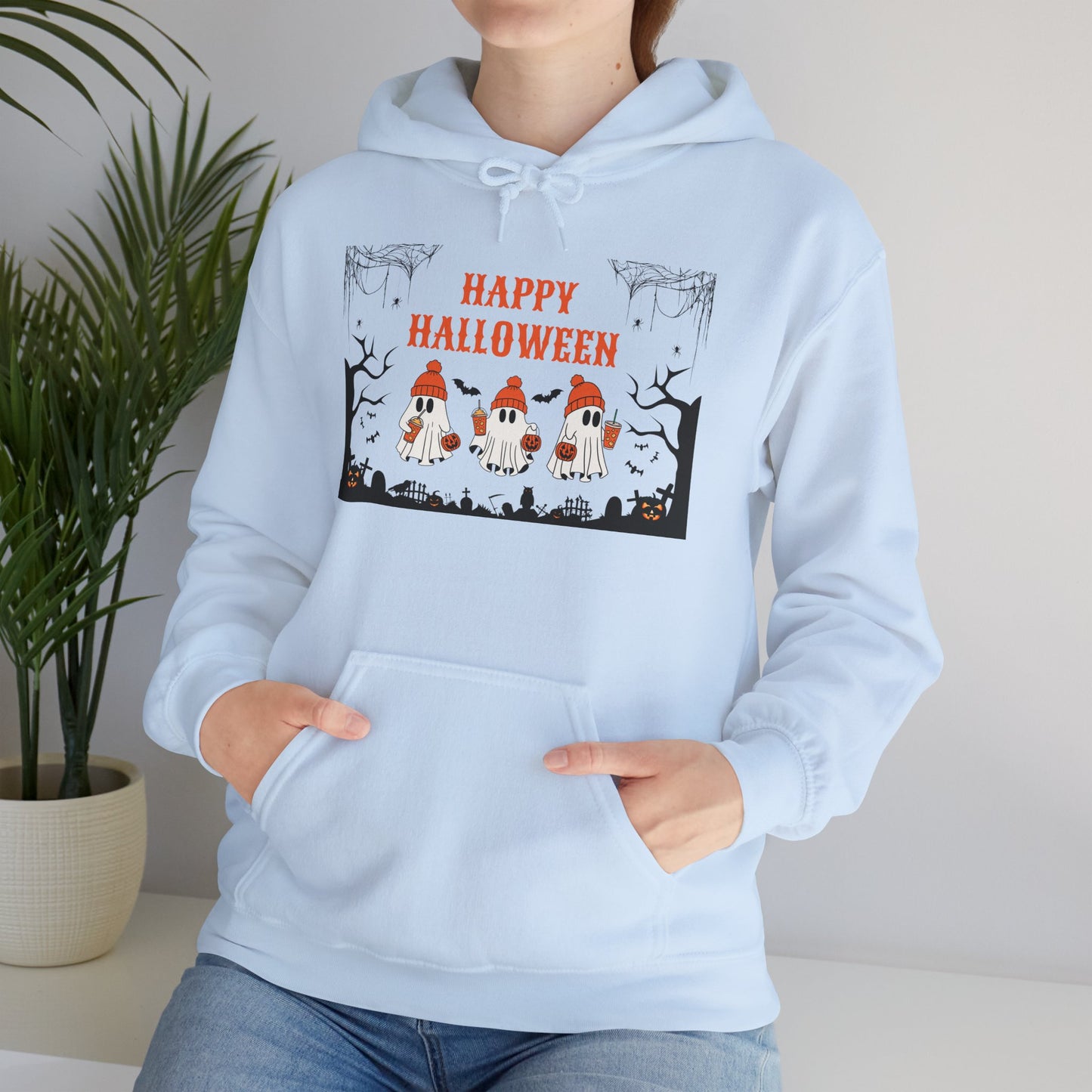 Happy Halloween” Ghost Hoodie – Pumpkin Parade in Haunted Forest