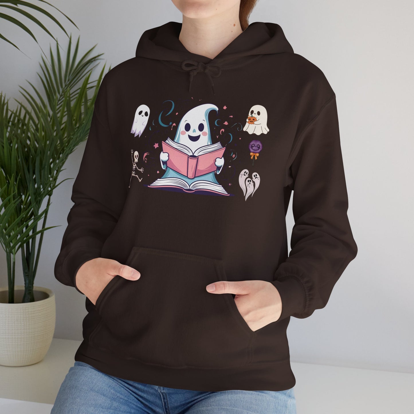 Cute Ghost Reading Hoodie – Whimsical Halloween Sweatshirt for Book Lovers