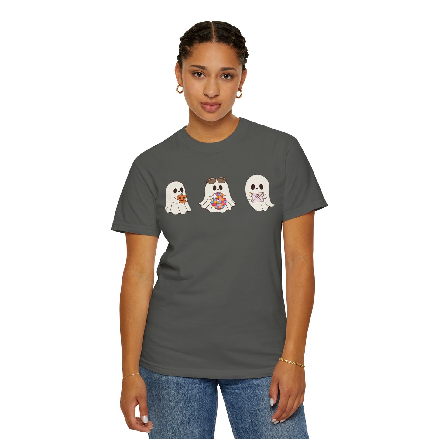 Three Cute Ghosts with Pumpkin, Trick or Treat Party Outfit – October Holiday Shirt
