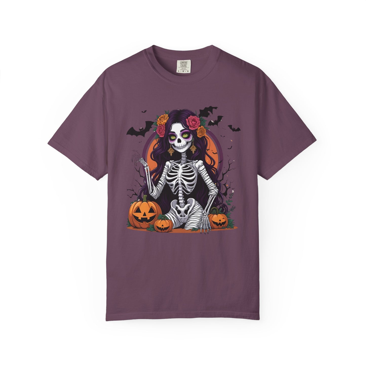 Sitting Skeleton Girl Tee – Gothic Halloween Shirt with Floral Crown