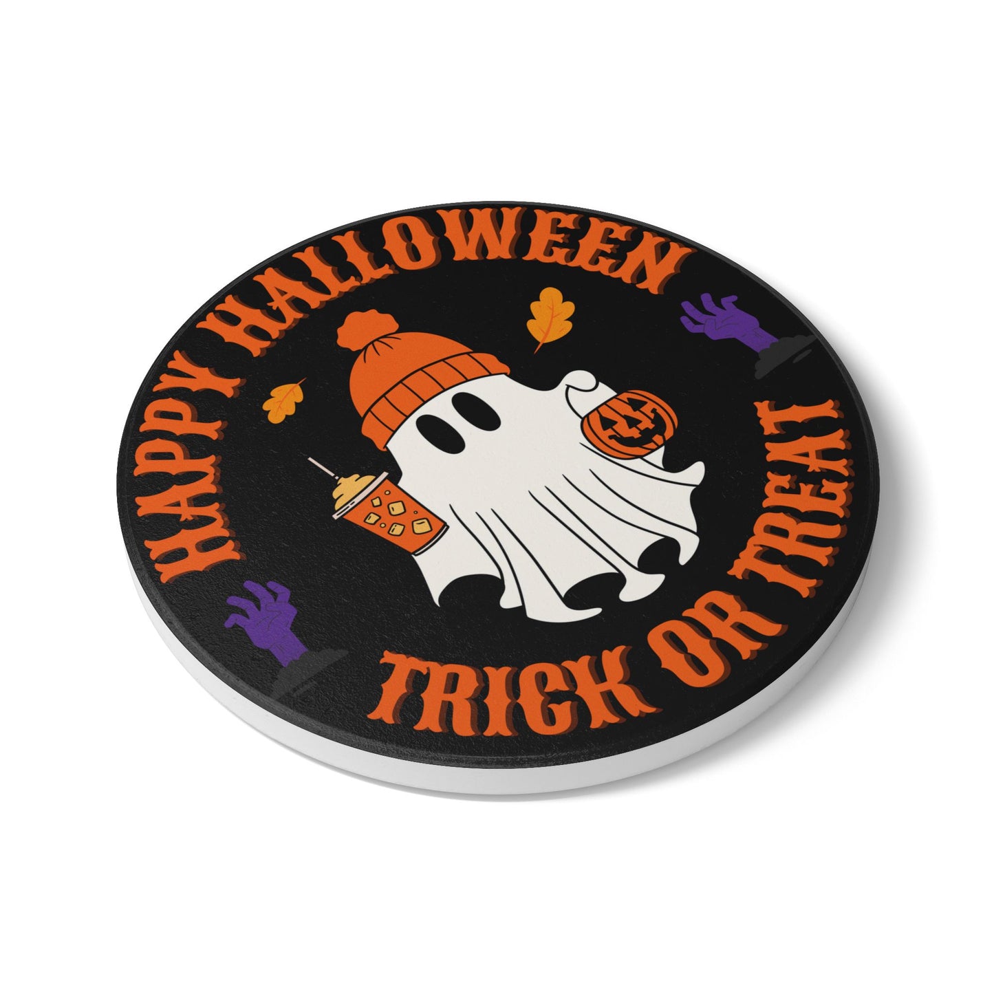 Happy Halloween Ceramic Coaster – Cute Ghost with Pumpkin and Trick or Treat Text
