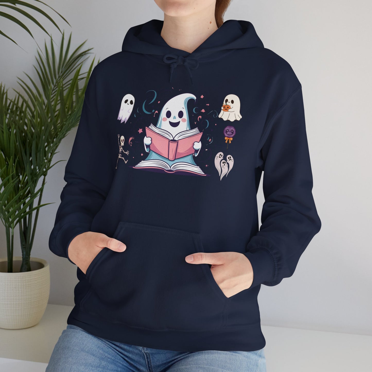 Cute Ghost Reading Hoodie – Whimsical Halloween Sweatshirt for Book Lovers