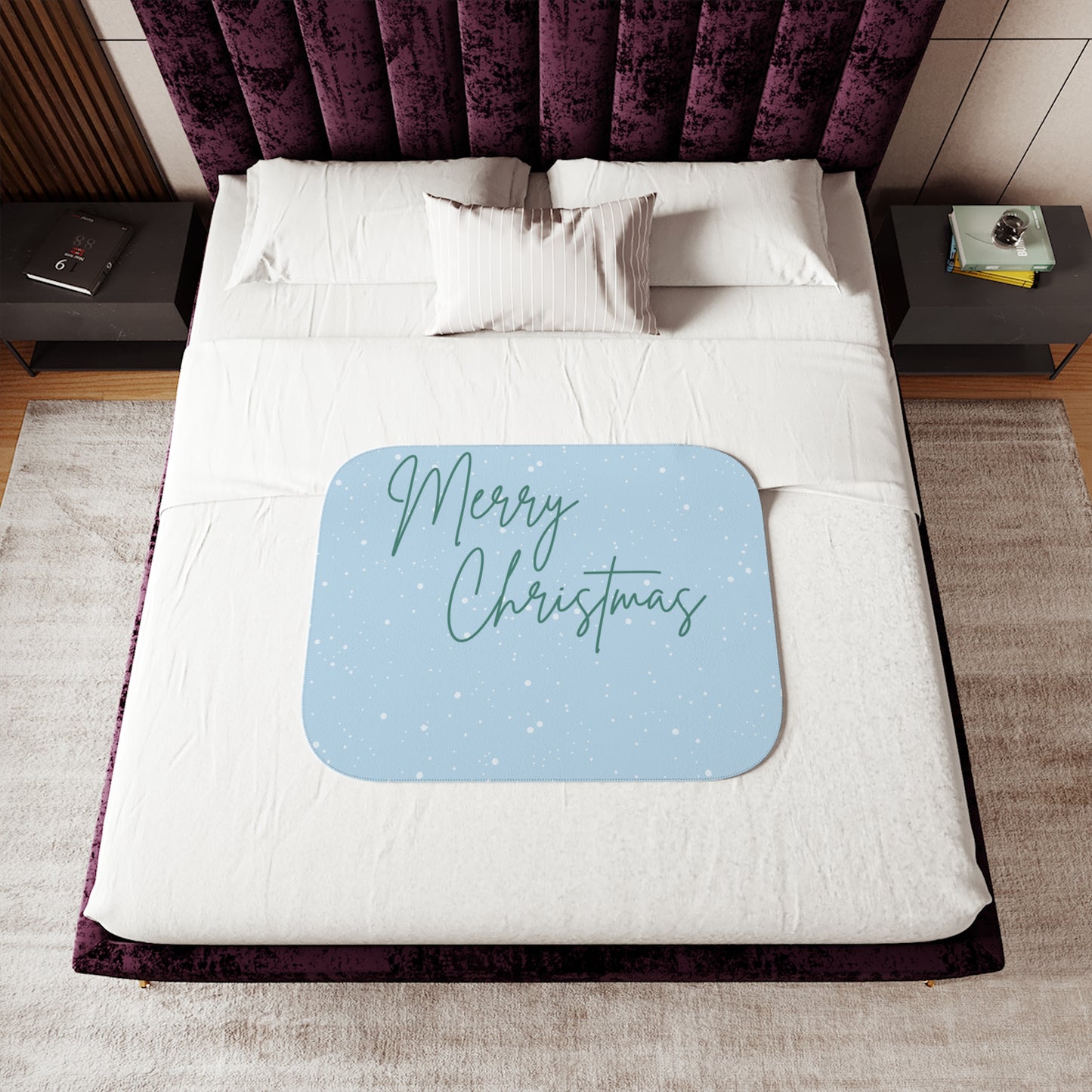 Merry Christmas Printed Sherpa Blanket, Sky Blue