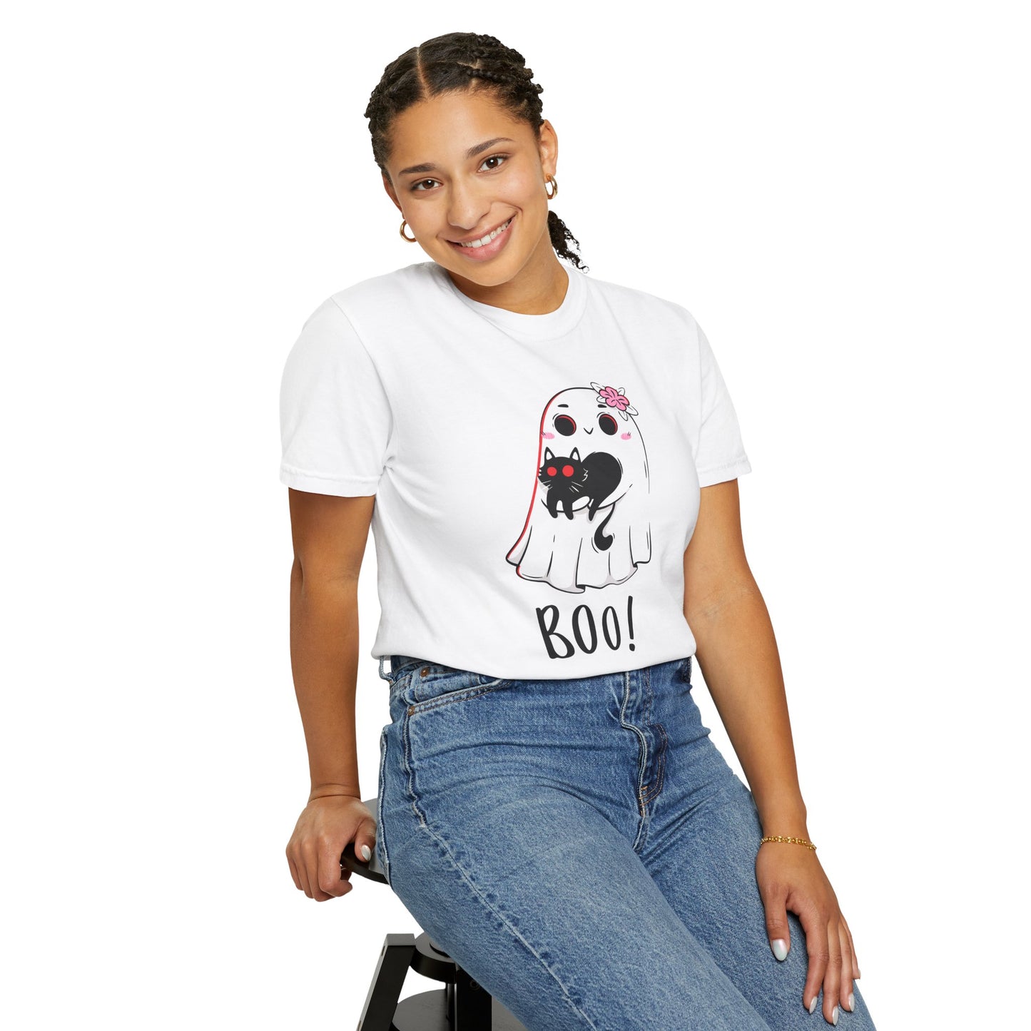 BOO Buddies Tee – Ghost & Cat Duo with Floral Charm