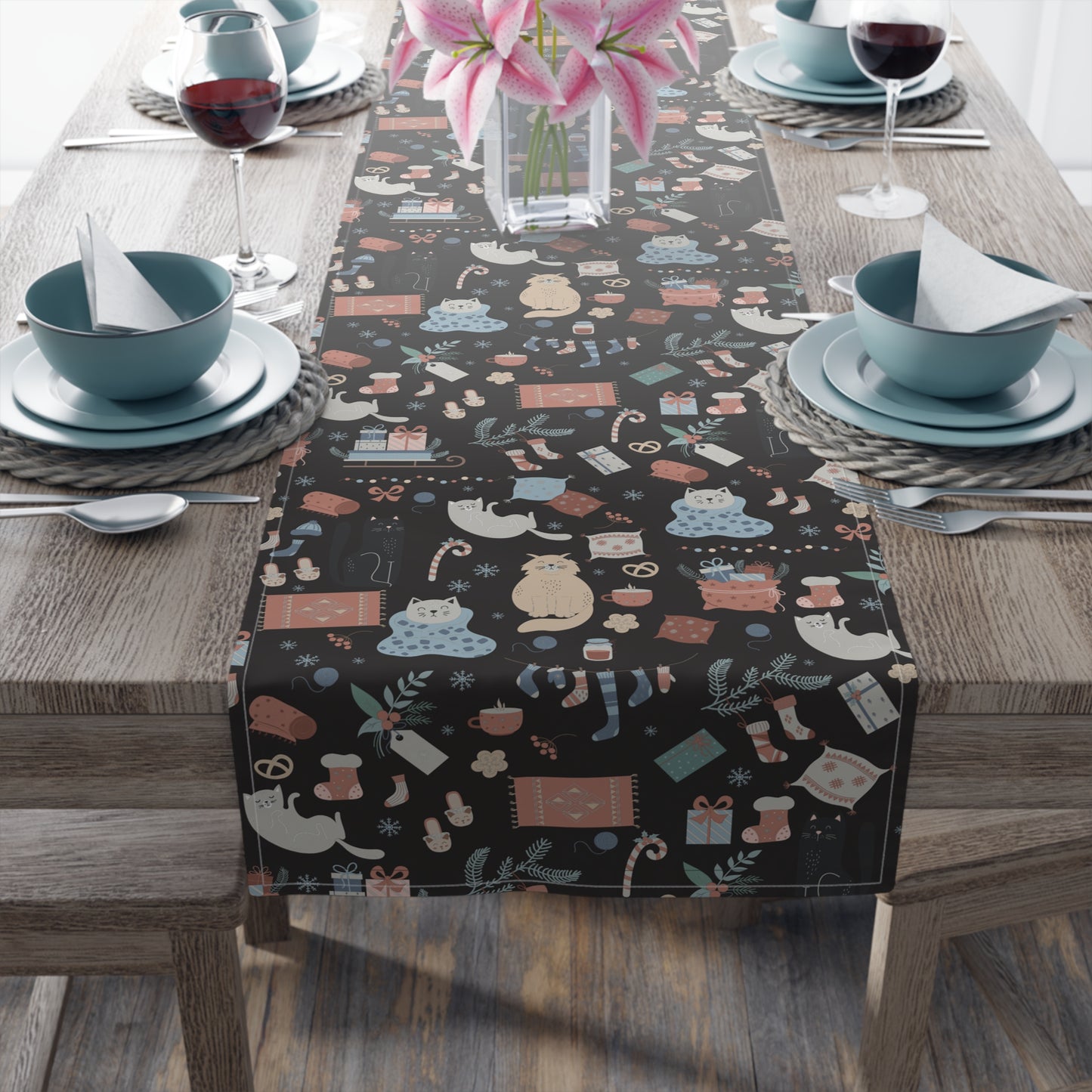 Holiday Table Runner – Festive Animals, Gifts & Foliage on Dark Background