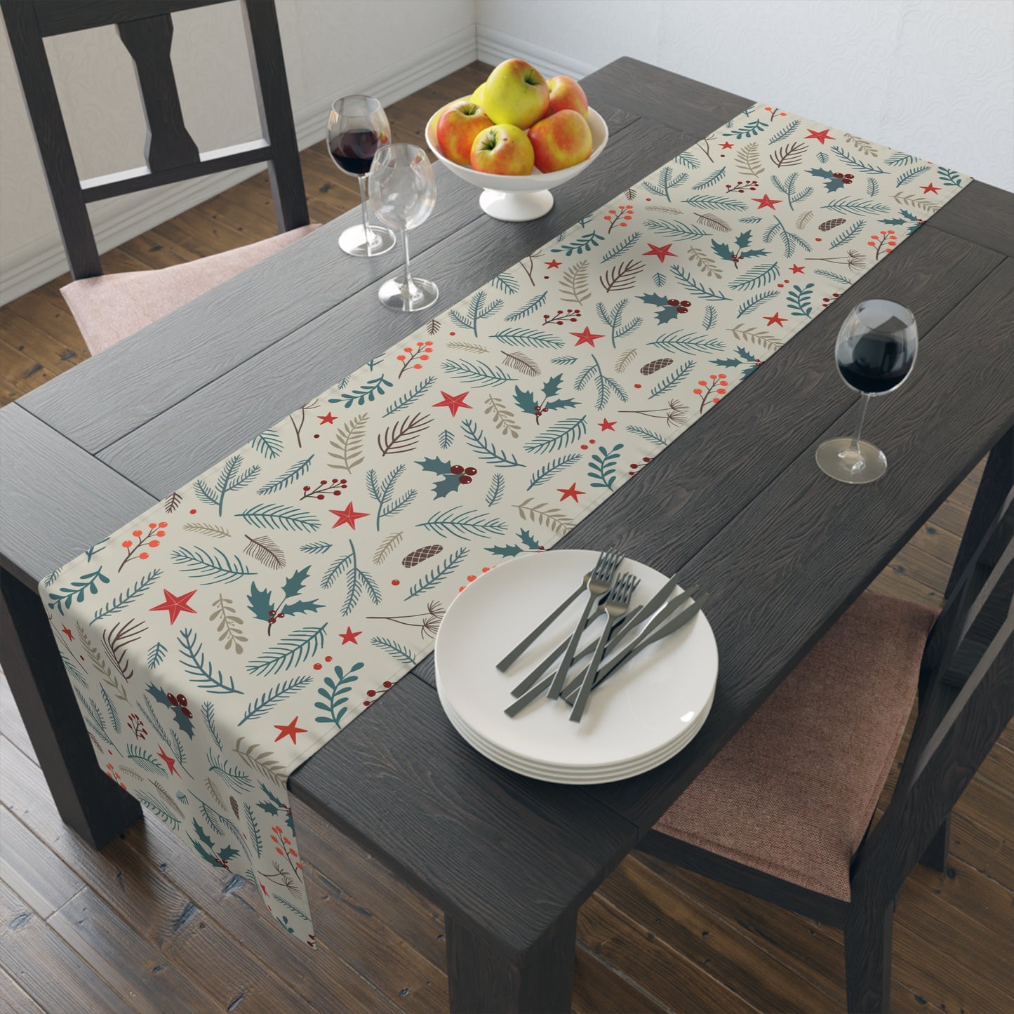 Christmas Table Runner, Pinecones and Leaves Pattern, Red Stars and Berries Design, Beige Background Holiday Dining Decor