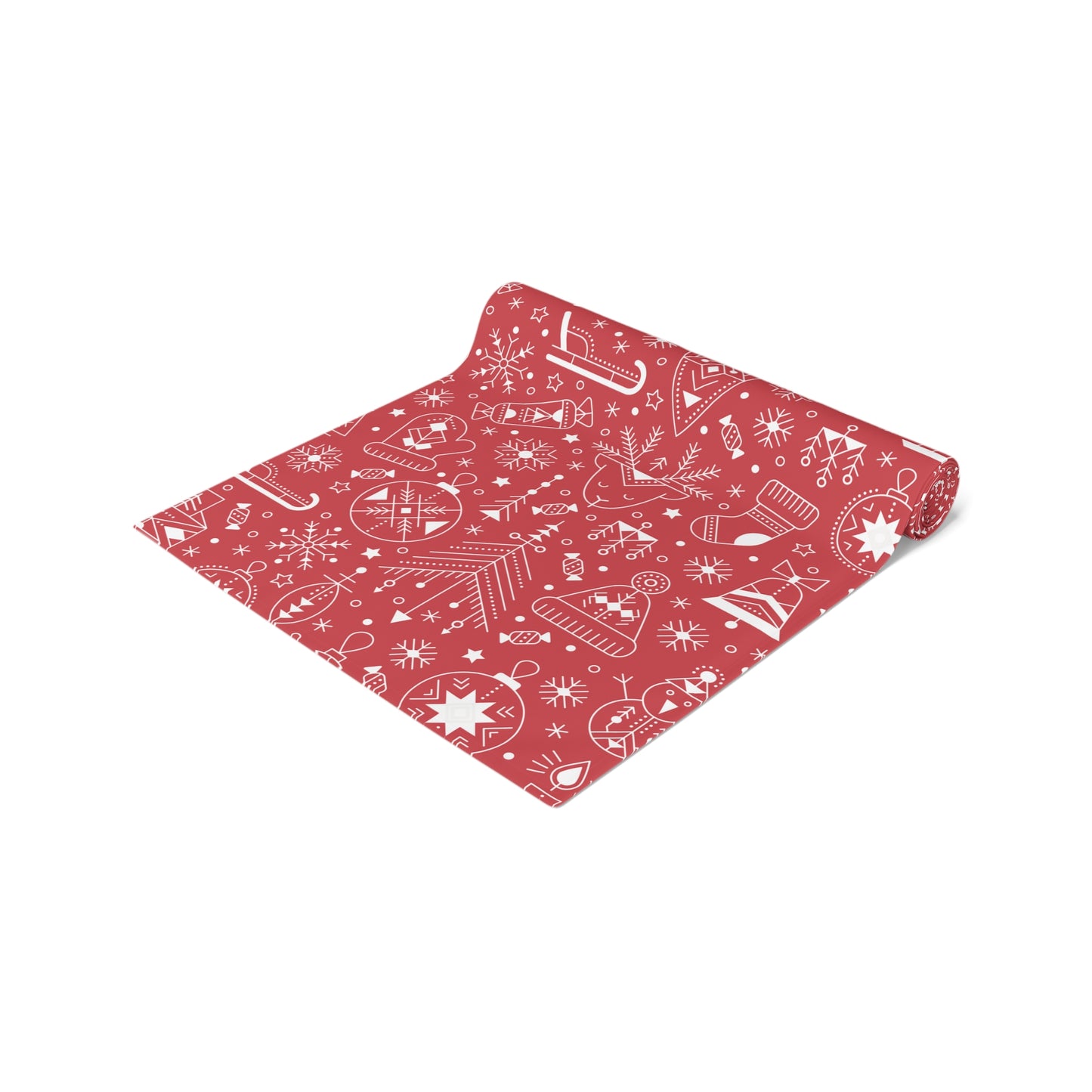 Christmas Table Runner, Red Background with White Ornaments Snowflakes Hearts and Sleighs, Festive Holiday Dining Decor