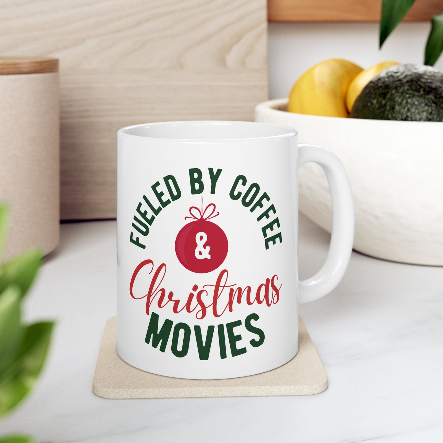 11oz Ceramic Coffee Mug with “Fueled by Coffee & Christmas Movies” Design – Holiday Gift for Cozy Sip Lovers
