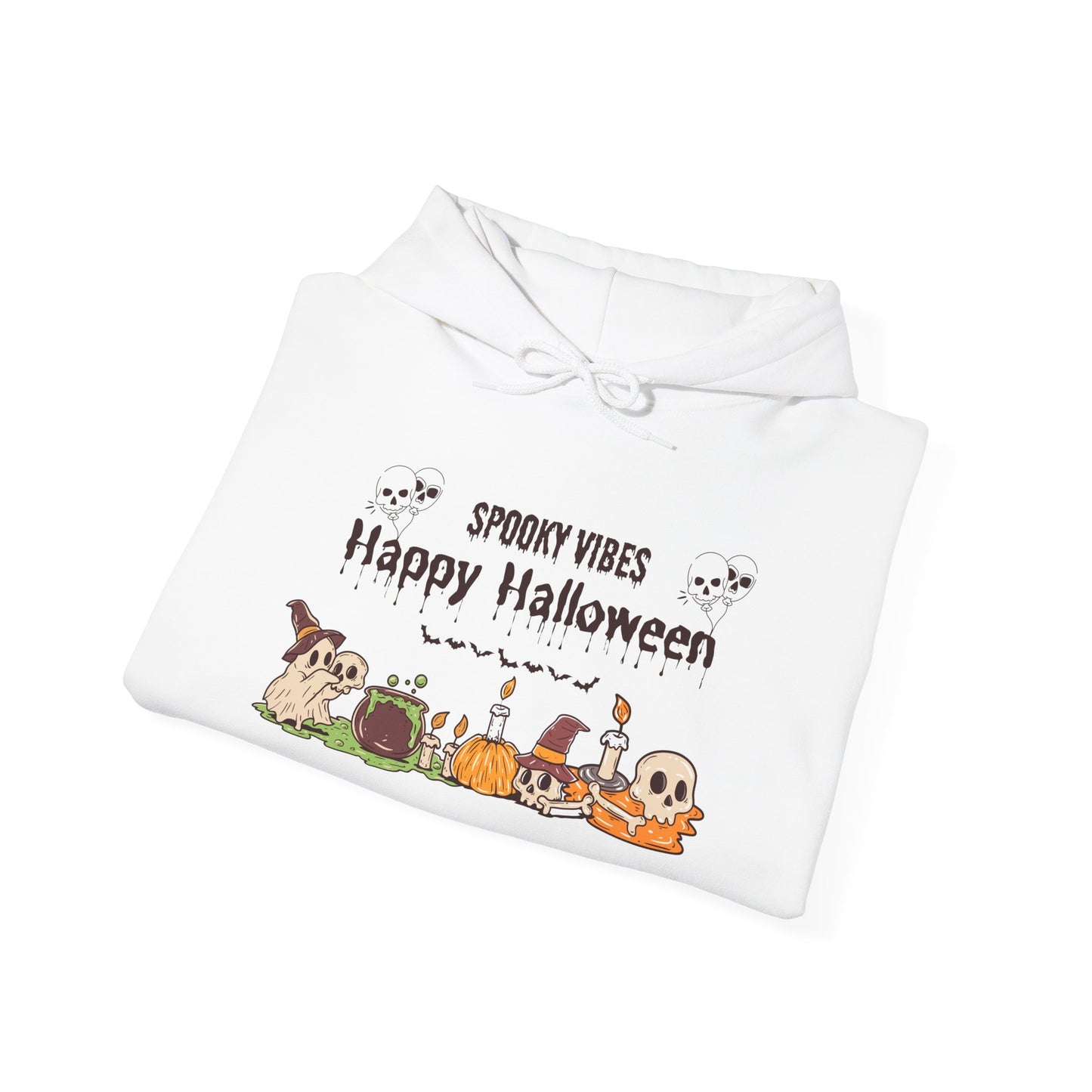Spooky Vibes” Halloween Hoodie – Ghosts, Cauldrons & Cozy Curses