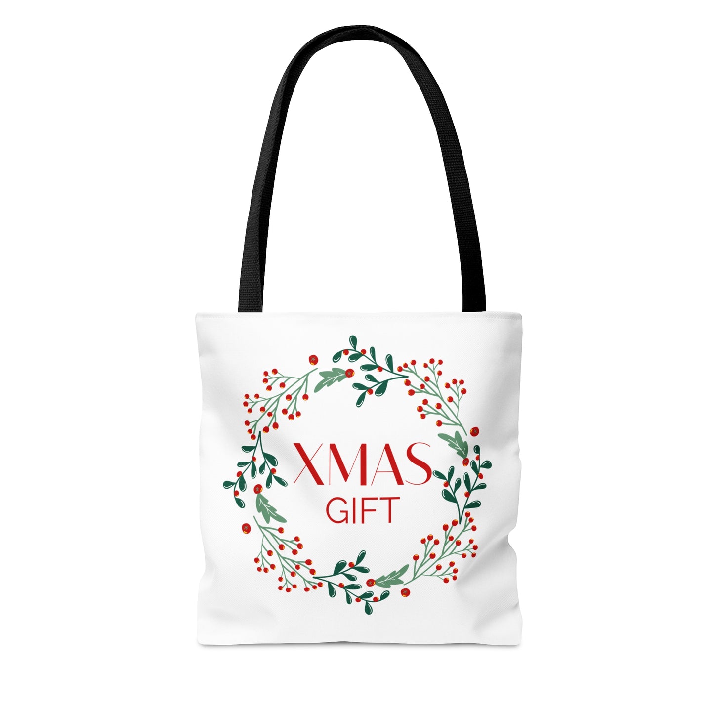 Christmas Tote Bag with “XMAS GIFT” Wreath Design – Durable All-Over Print Holiday Carryall in 3 Sizes