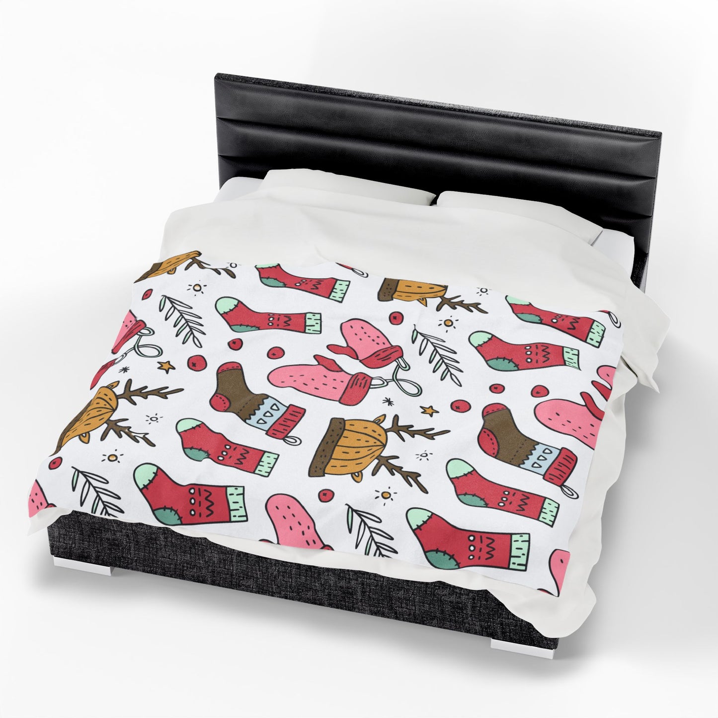 Holiday Print Velveteen Plush Blanket – Reindeer, Mittens & Stockings Design