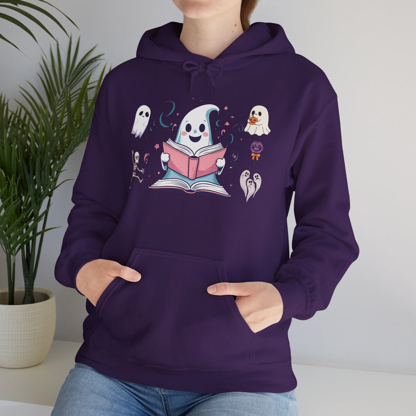Cute Ghost Reading Hoodie – Whimsical Halloween Sweatshirt for Book Lovers