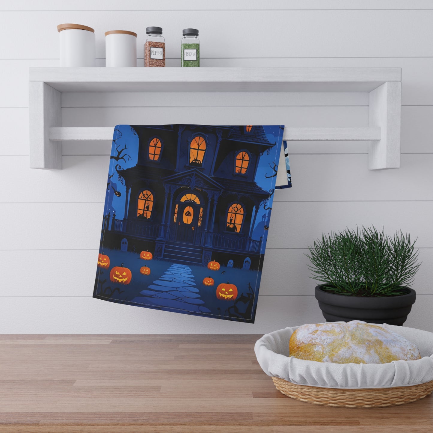 Here’s a Tea Towel–focused version for your haunted mansion design: