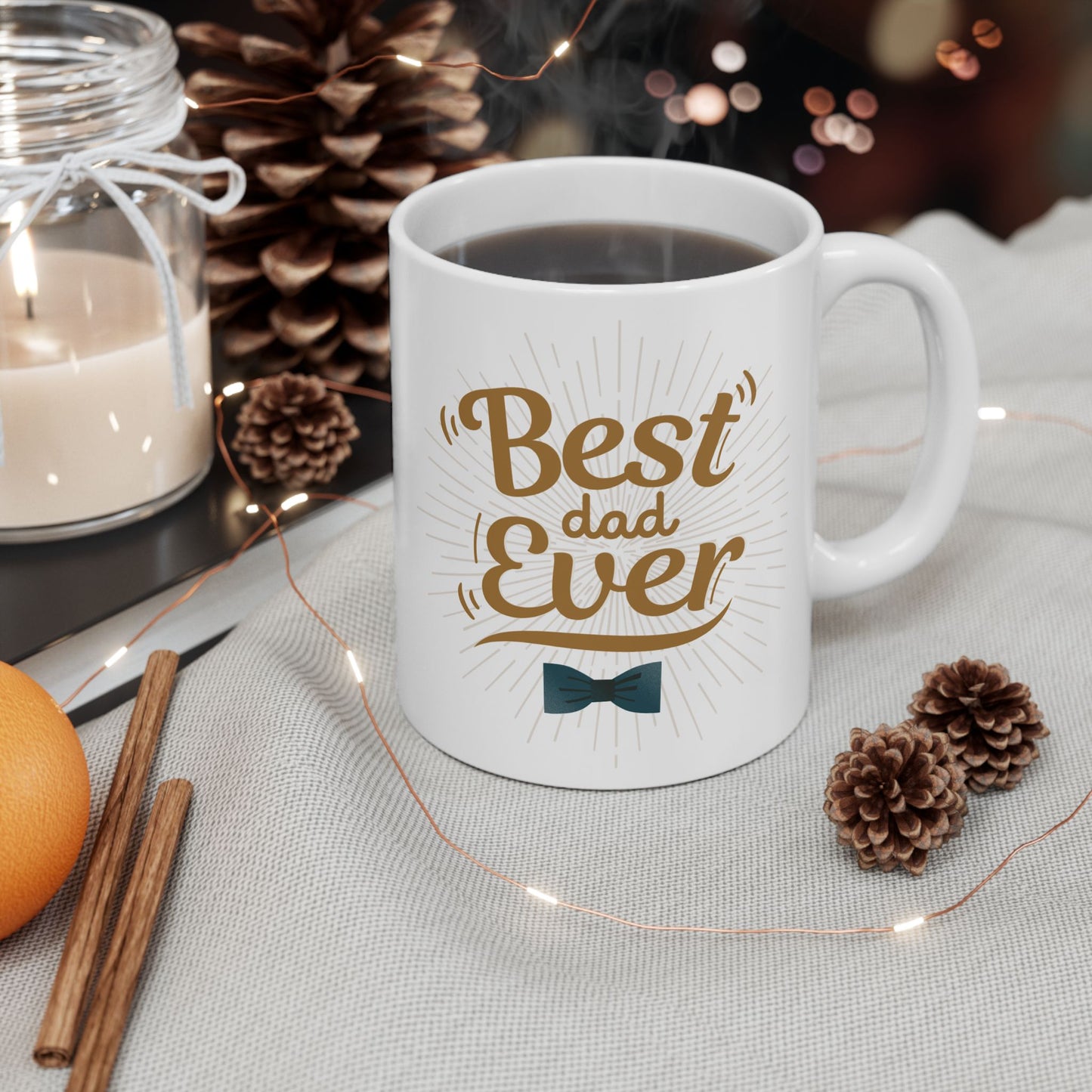 Best Dad Ever Mug – Elegant Sunburst Coffee Cup with Blue Bow Tie Design, 11oz & 15oz
