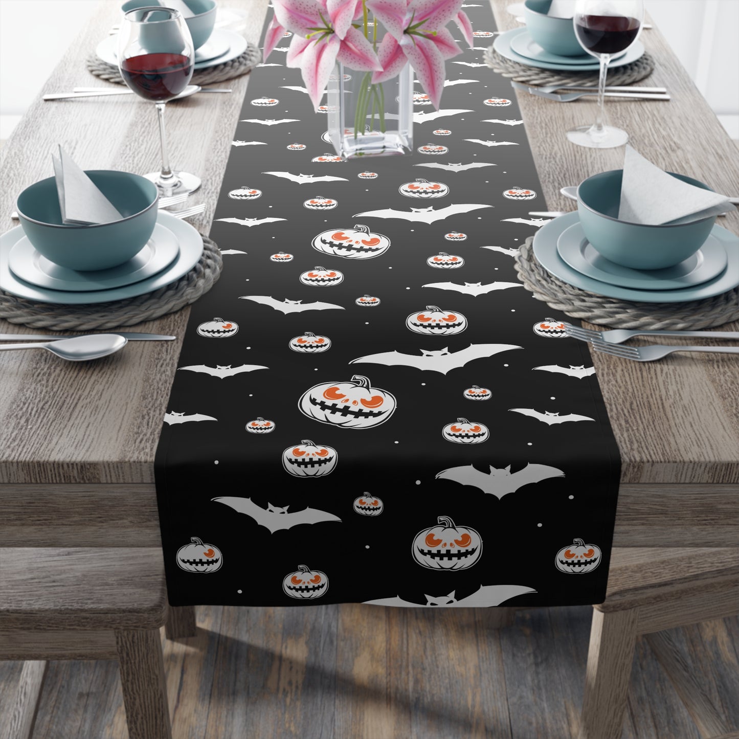 Halloween Table runer – Haunted Bats & Grinning Pumpkins – Halloween Table Decor for Spooky Dinner Parties