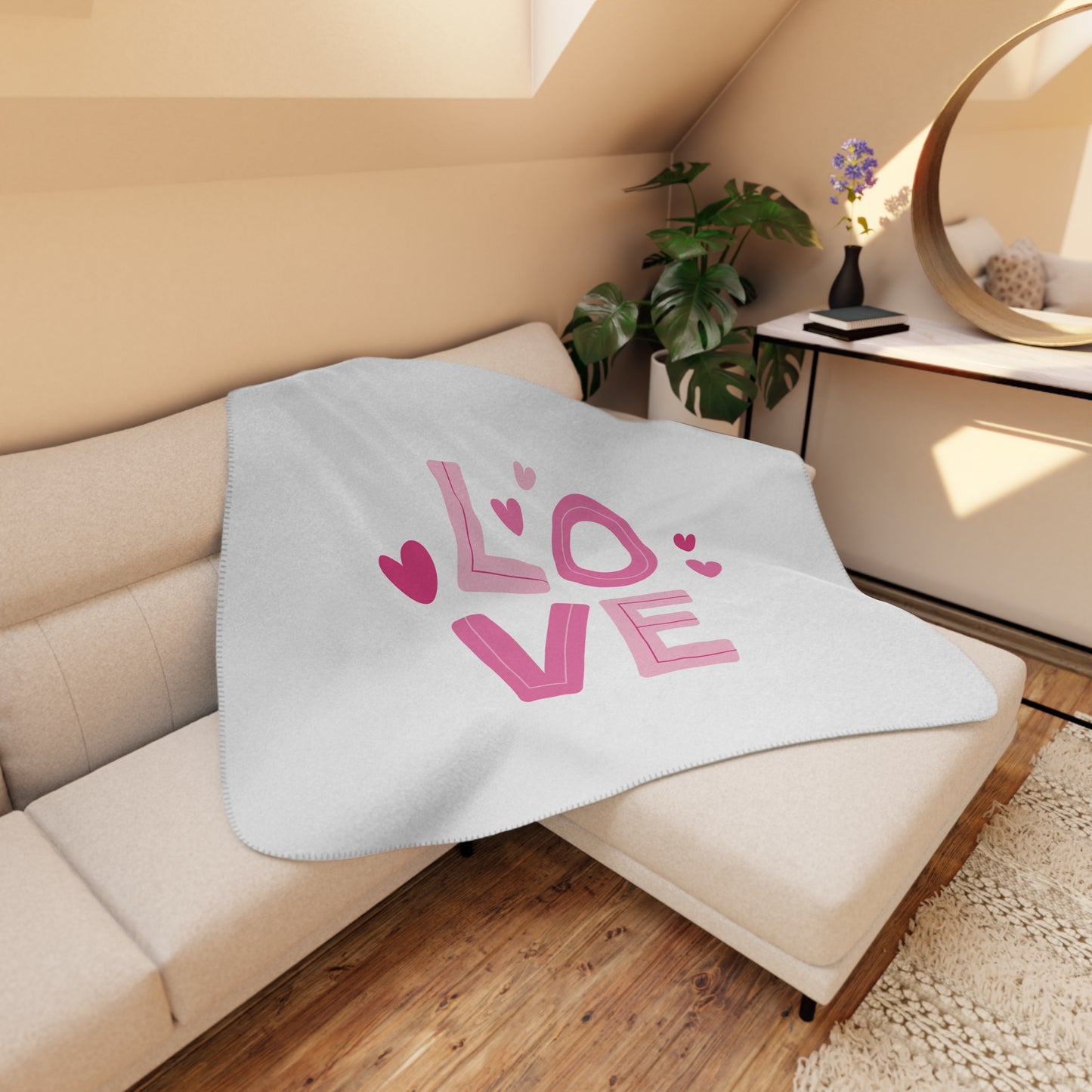 Love with Hearts Printed Tan Sherpa Valentine Blanket