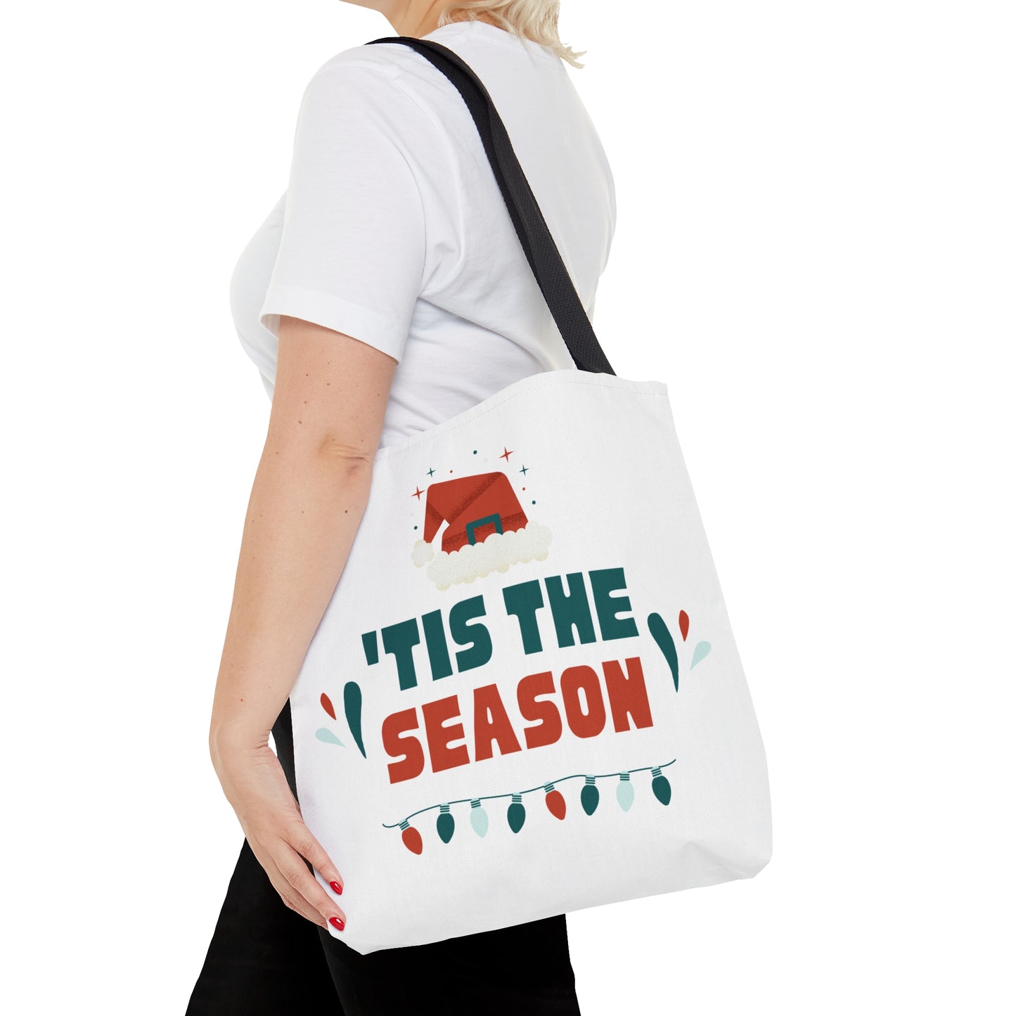 Christmas Tote Bag with “‘TIS THE SEASON” Santa Hat Design – Durable All-Over Print Holiday Carryall in 3 Sizes