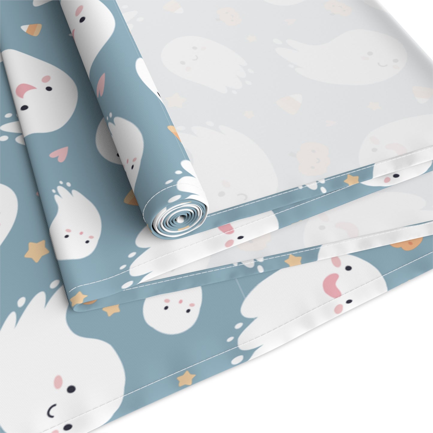 Smiling Ghost Pattern Table Runner – Whimsical Blue Halloween Decor