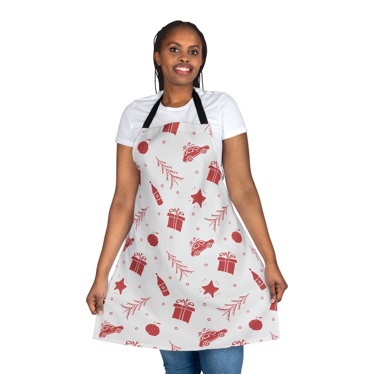 White Christmas Apron with Red Holiday Illustrations and Festive Motifs