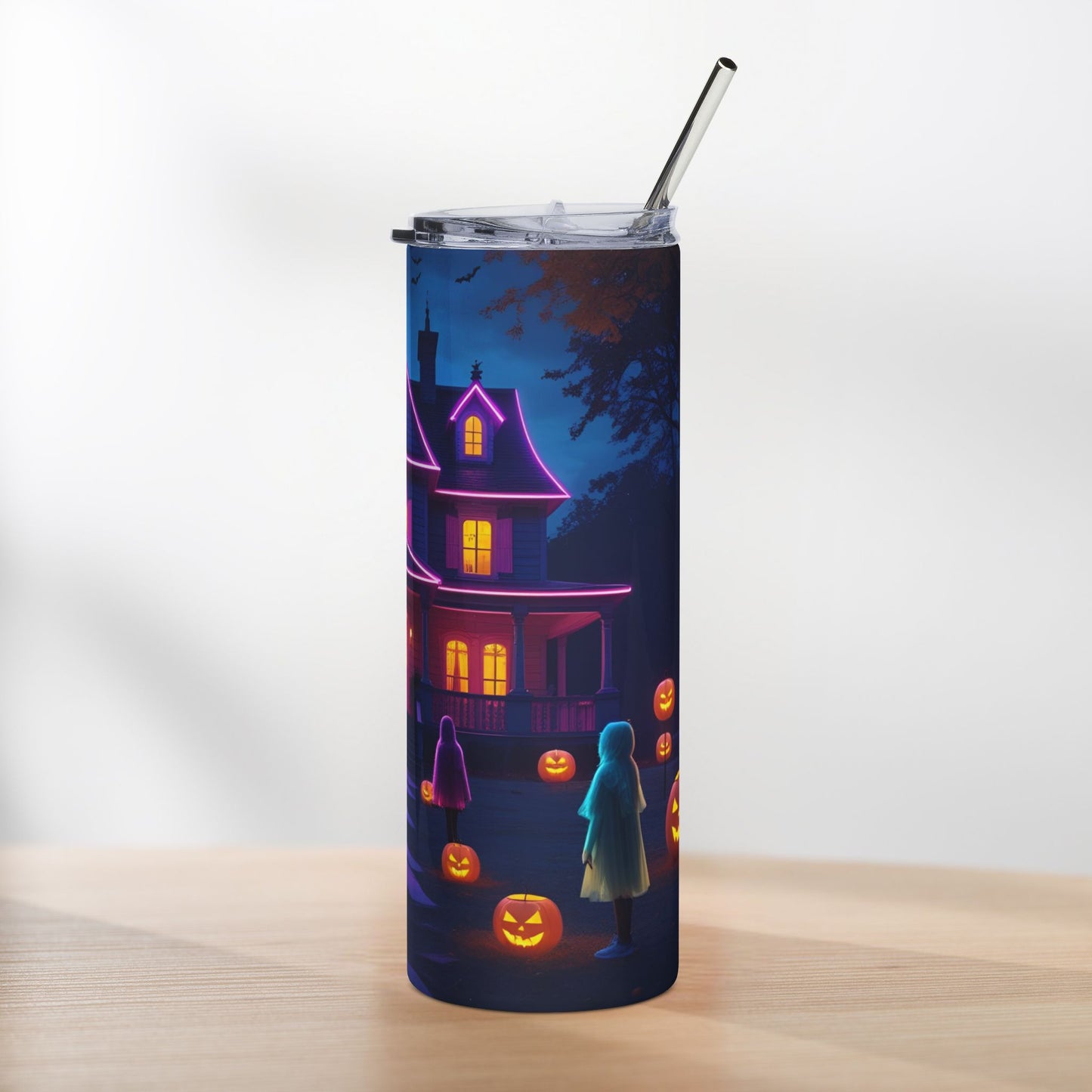 Neon Haunted House Halloween Tumbler – Glowing Windows & Pumpkin Parade