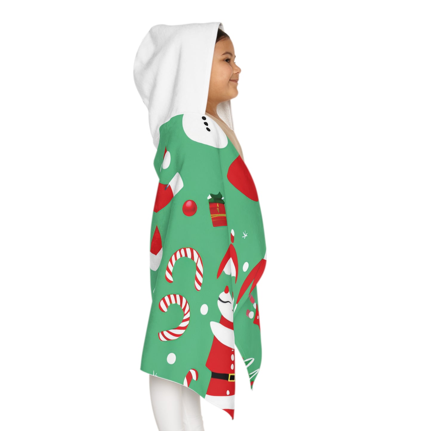 Kids’ Towel Hoodie – Green Christmas Design with Santa, Snowmen & Candy Canes – Soft Holiday Bath & Beach Wrap