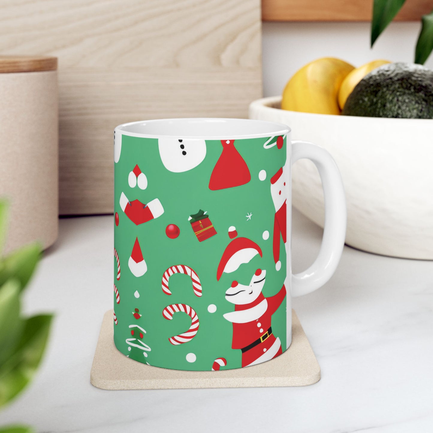 Ceramic Mug – Green Christmas Design with Santa, Candy Canes & Gifts – Holiday Gift for Coffee & Cocoa Lovers