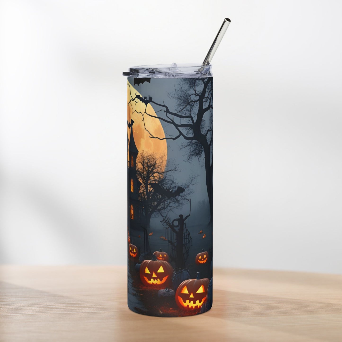 Moonlit Haunted House Halloween Tumbler – Glowing Pumpkins & Spooky Path