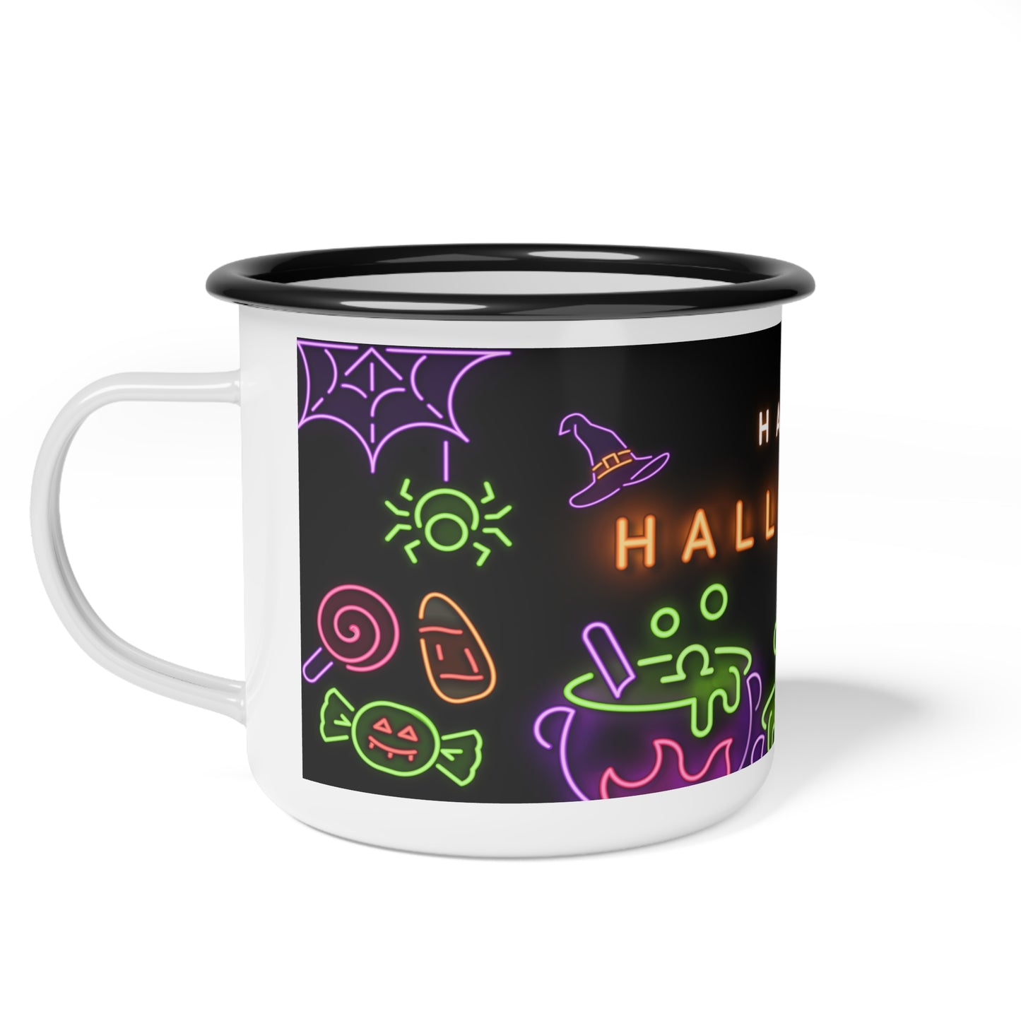 Happy Halloween Enamel Camp Cup – Neon Cauldron and Spooky Design