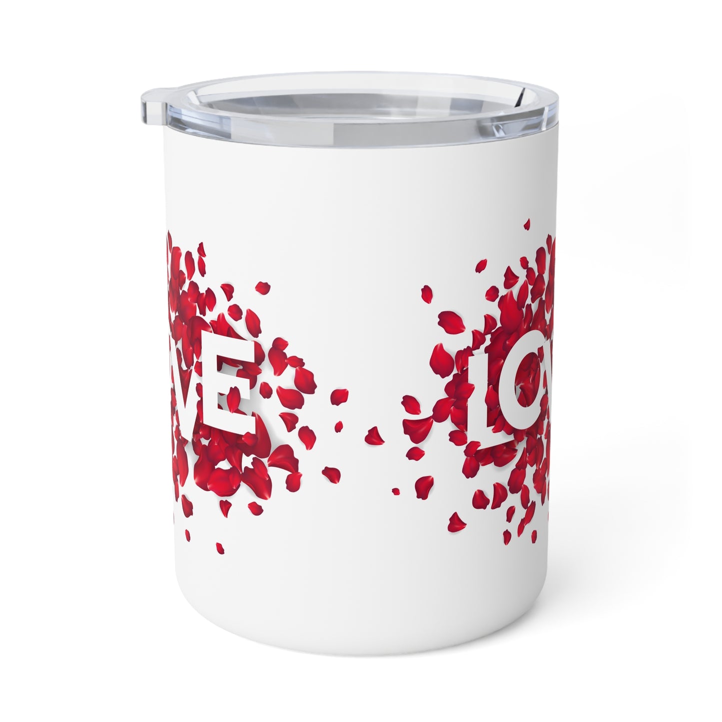 Romantic Travel Mug with “LOVE” and Rose Petals – 10oz Stainless Steel, Acrylic Lid