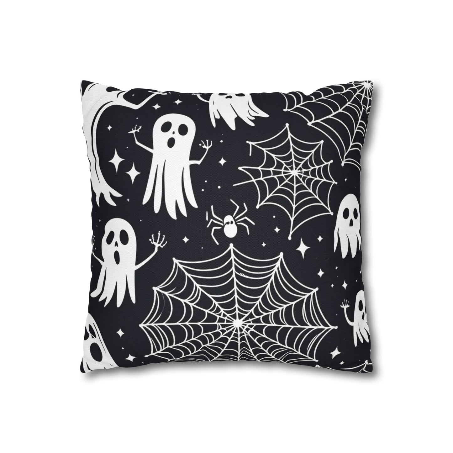 Spooky Halloween Ghost Pillow Cover – Black Throw Pillow with Spiderwebs & Cute Ghosts – Haunted House Decor for Halloween Couch or Bed