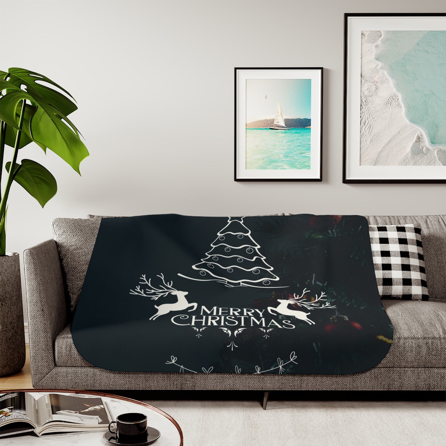 Merry Christmas in Black Printed Sherpa Blanket