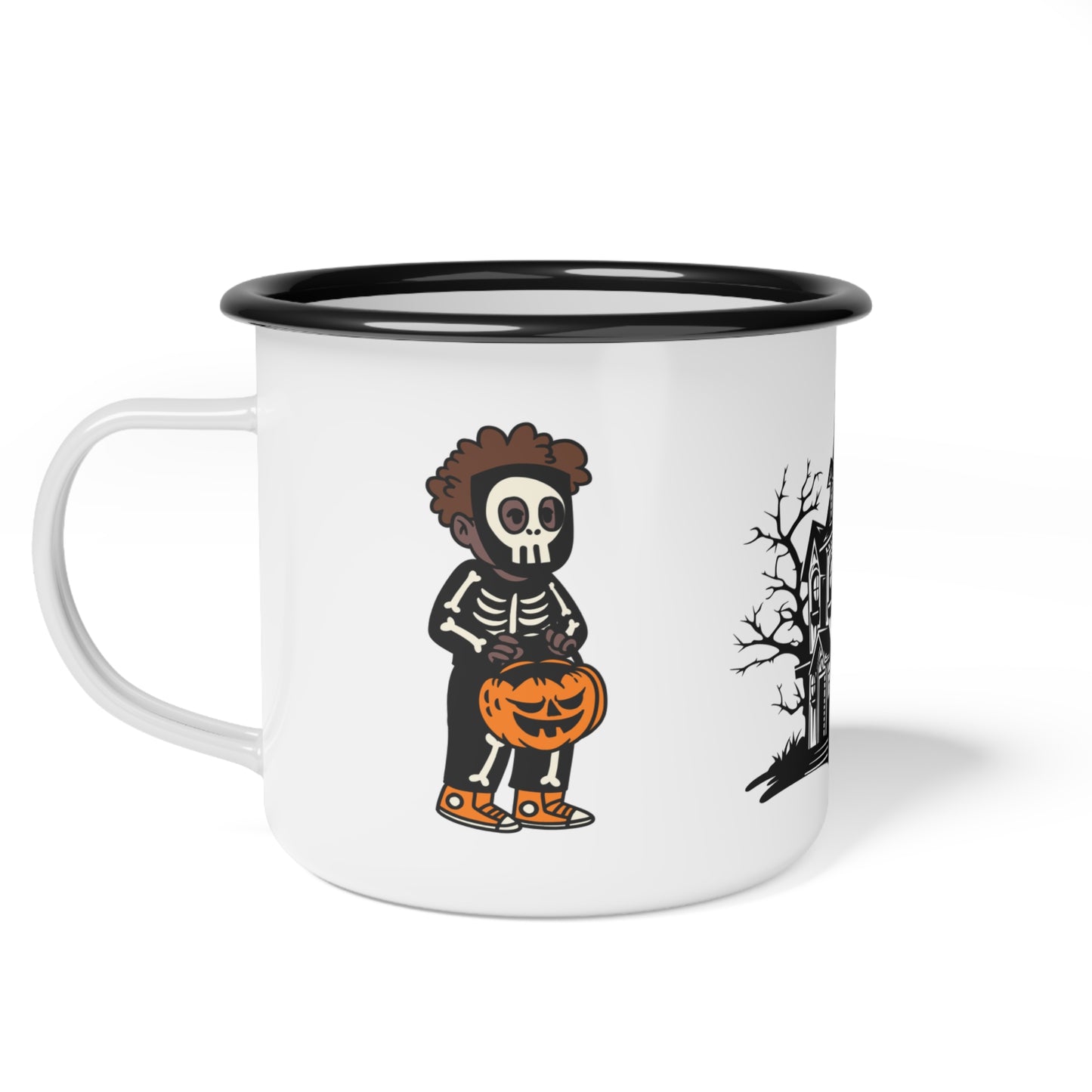 Spooky Mansion Enamel Camp Cup – Skeleton and Jack-O’-Lantern Design