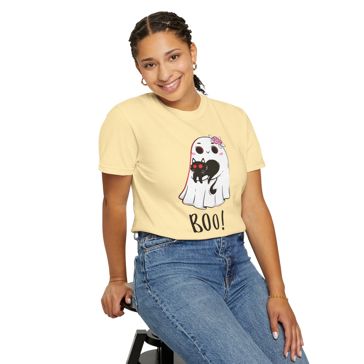 BOO Buddies Tee – Ghost & Cat Duo with Floral Charm