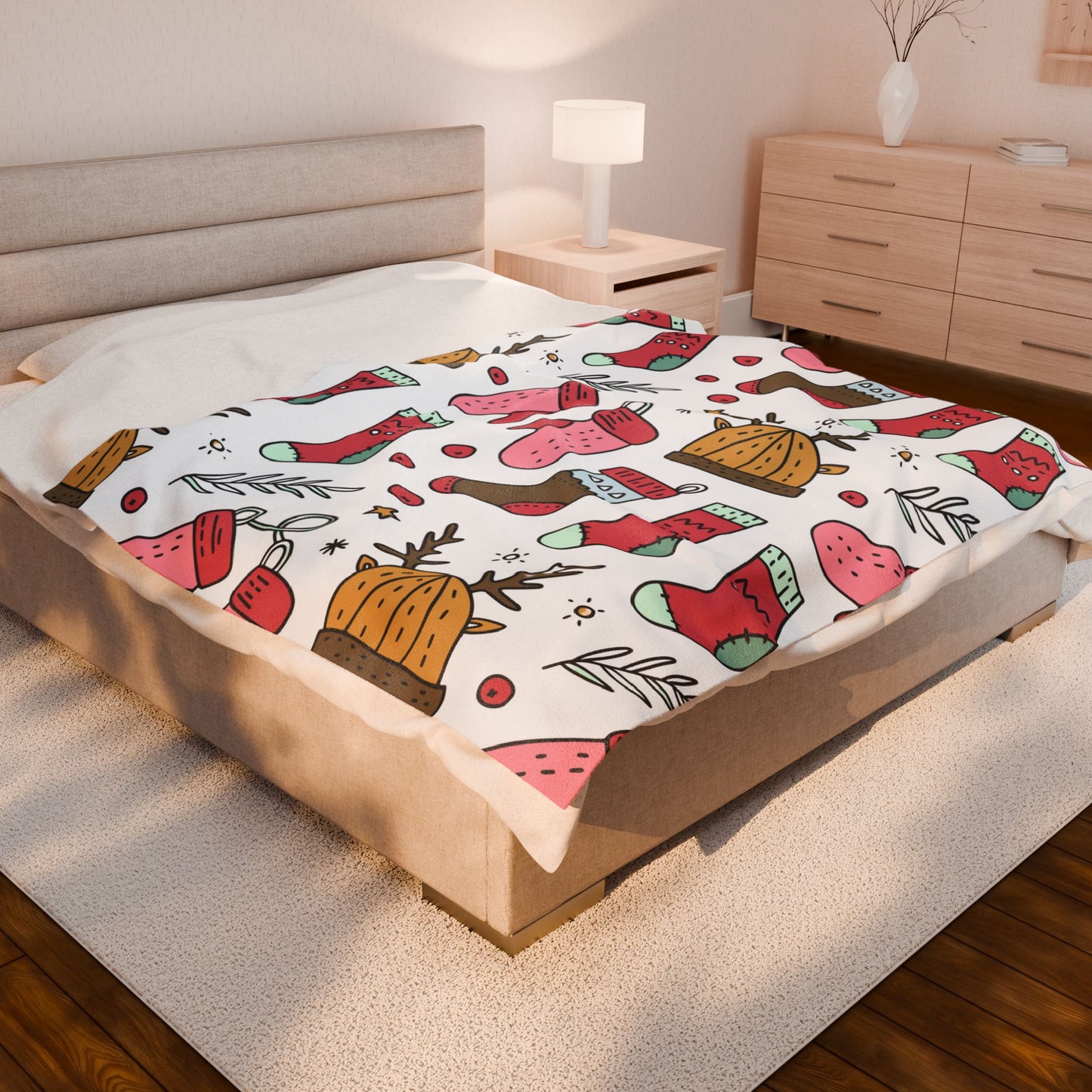 Holiday Print Velveteen Plush Blanket – Reindeer, Mittens & Stockings Design