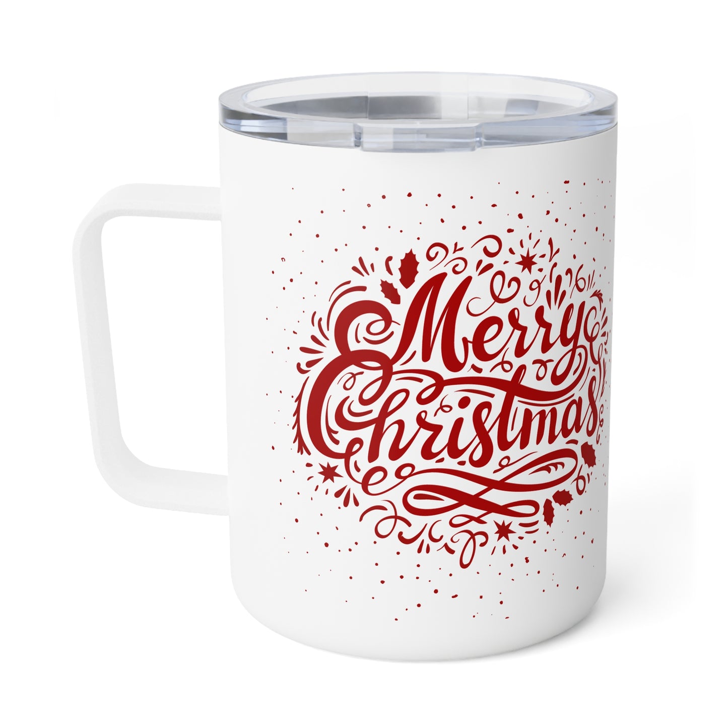 10oz Travel Mug, “Merry Christmas” Red Design with Stars and Leaves, Gift for Holiday Season
